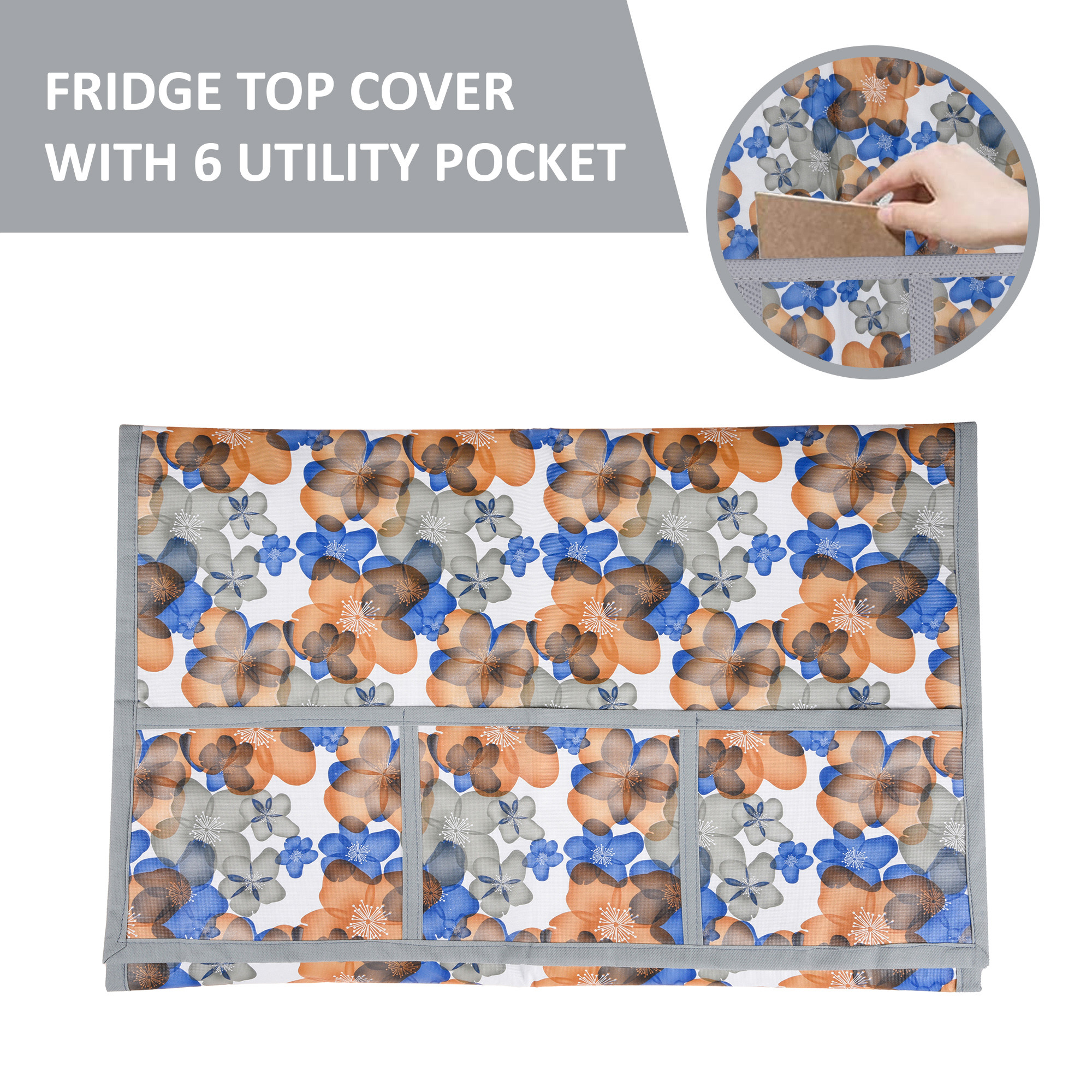 Kuber Industries Wipeable  Dustproof Fridge Cover Top With 6 Storage Pockets  Easy To Clean Refrigerator Cover Ideal for Home Canteen  Office  Flower- Blue  White