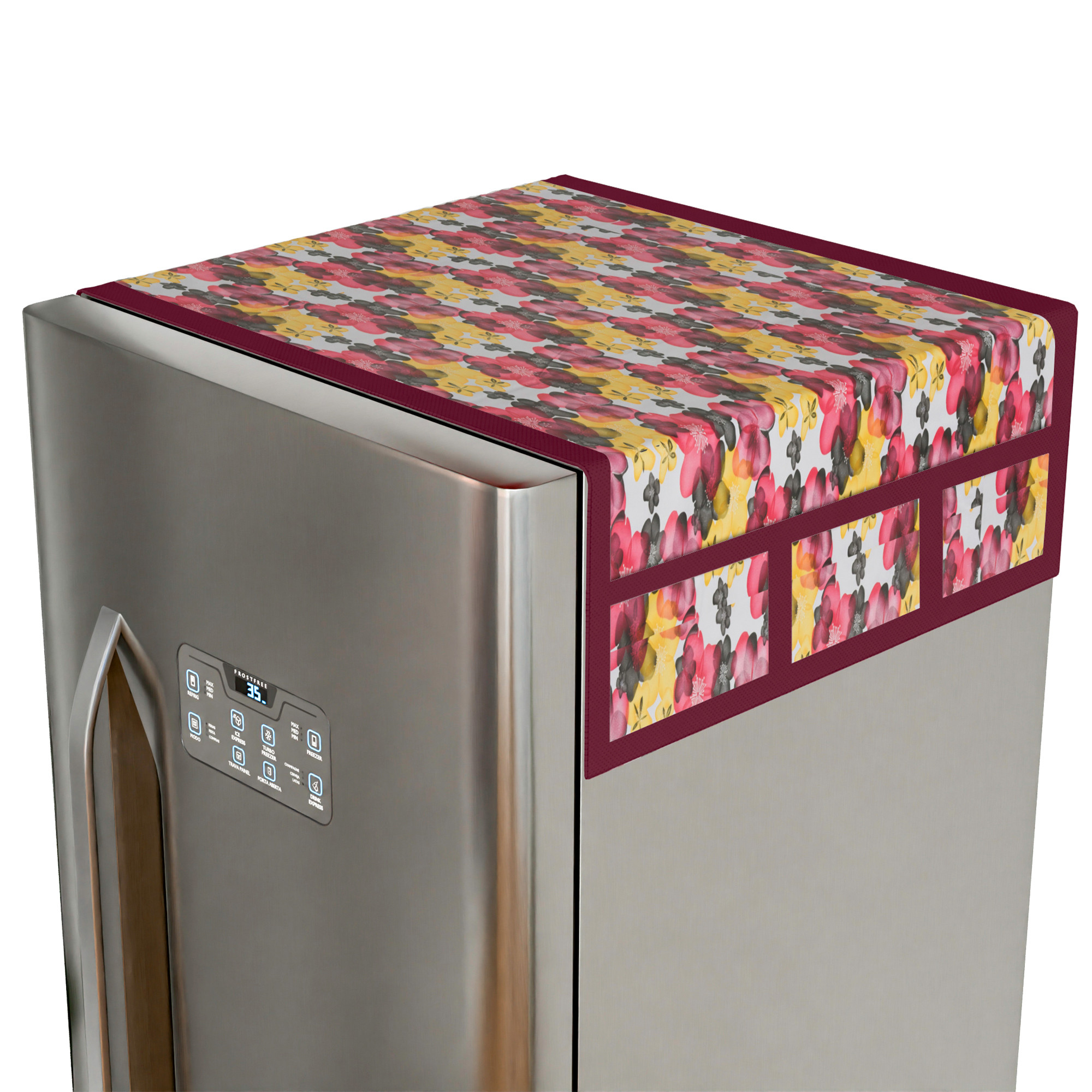 Kuber Industries Wipeable  Dustproof Fridge Cover Top With 6 Storage Pockets  Easy To Clean Refrigerator Cover Ideal for Home Canteen  Office  Flower- Pink  White