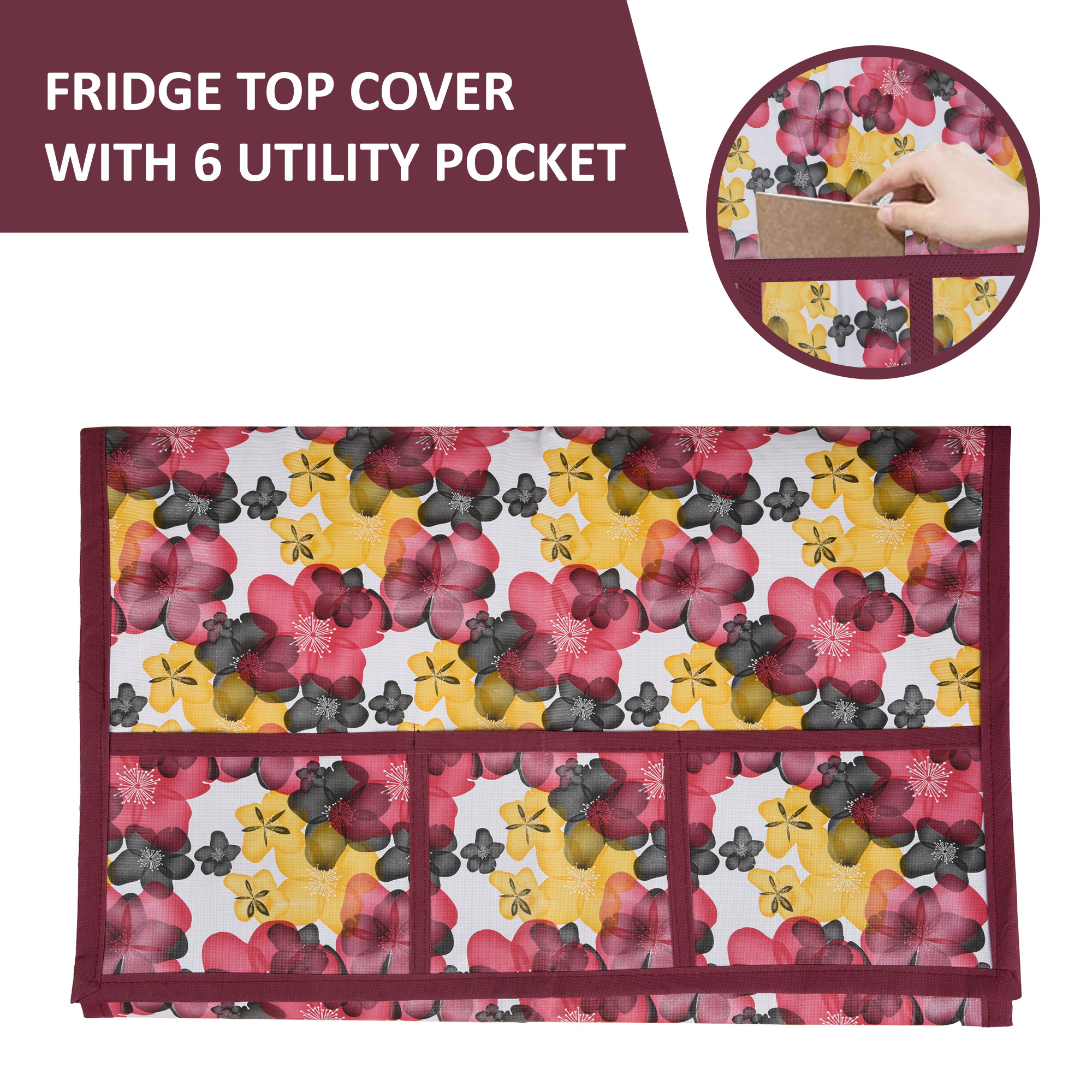 Kuber Industries Wipeable  Dustproof Fridge Cover Top With 6 Storage Pockets  Easy To Clean Refrigerator Cover Ideal for Home Canteen  Office  Flower- Pink  White