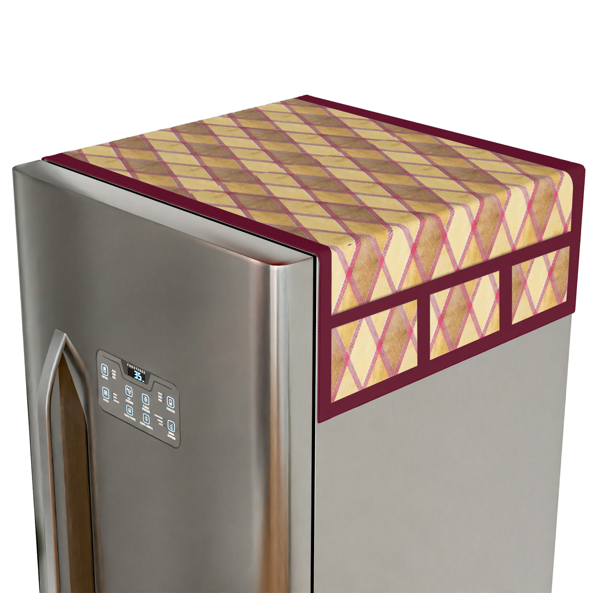 Kuber Industries Wipeable  Dustproof Fridge Cover Top With 6 Storage Pockets  Easy To Clean Refrigerator Cover Ideal for Home Canteen  Office  Gold Check- Maroon