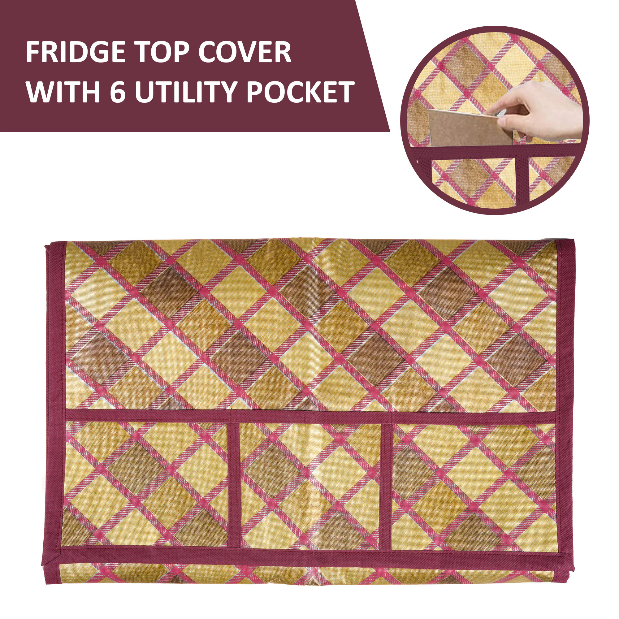 Kuber Industries Wipeable  Dustproof Fridge Cover Top With 6 Storage Pockets  Easy To Clean Refrigerator Cover Ideal for Home Canteen  Office  Gold Check- Maroon