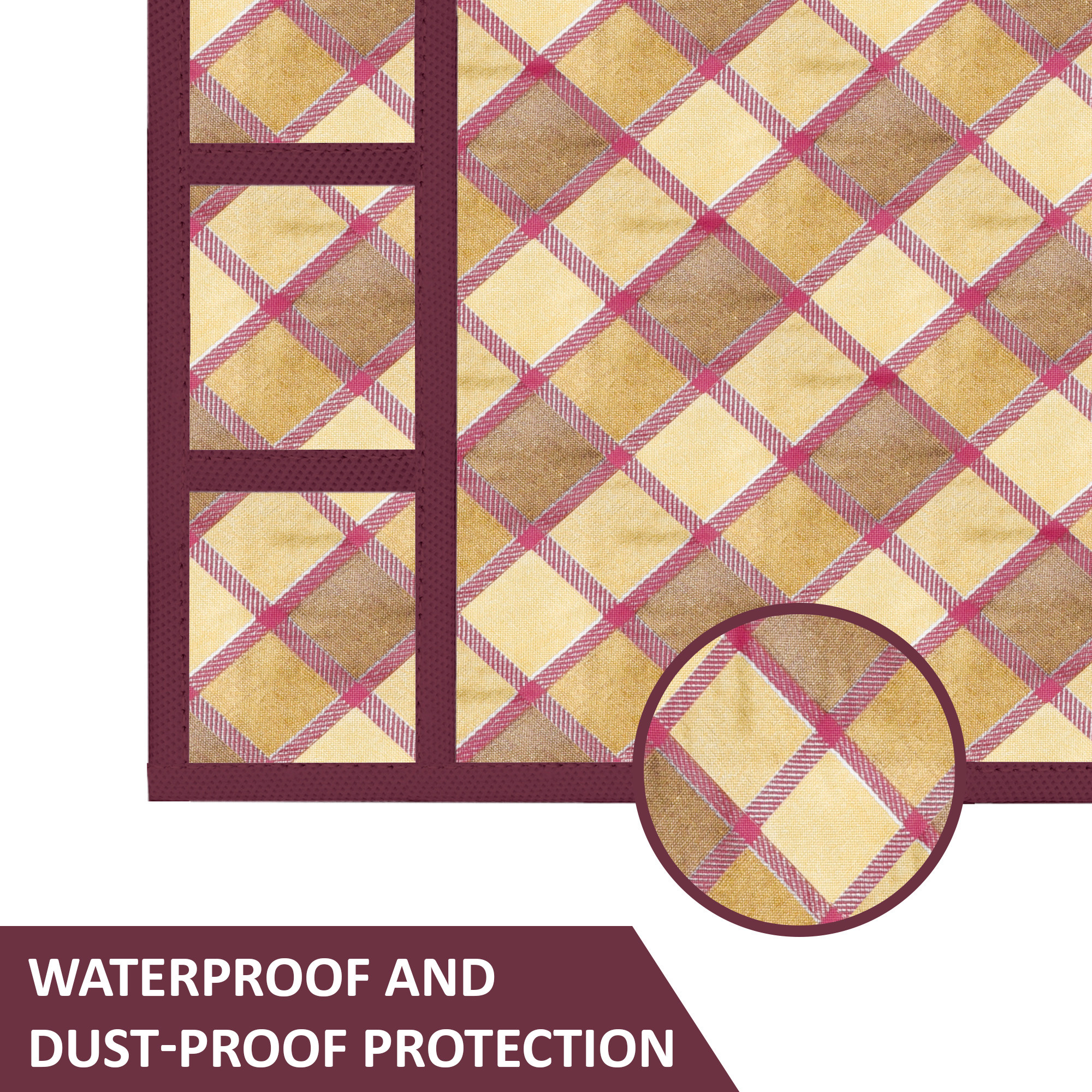 Kuber Industries Wipeable  Dustproof Fridge Cover Top With 6 Storage Pockets  Easy To Clean Refrigerator Cover Ideal for Home Canteen  Office  Gold Check- Maroon