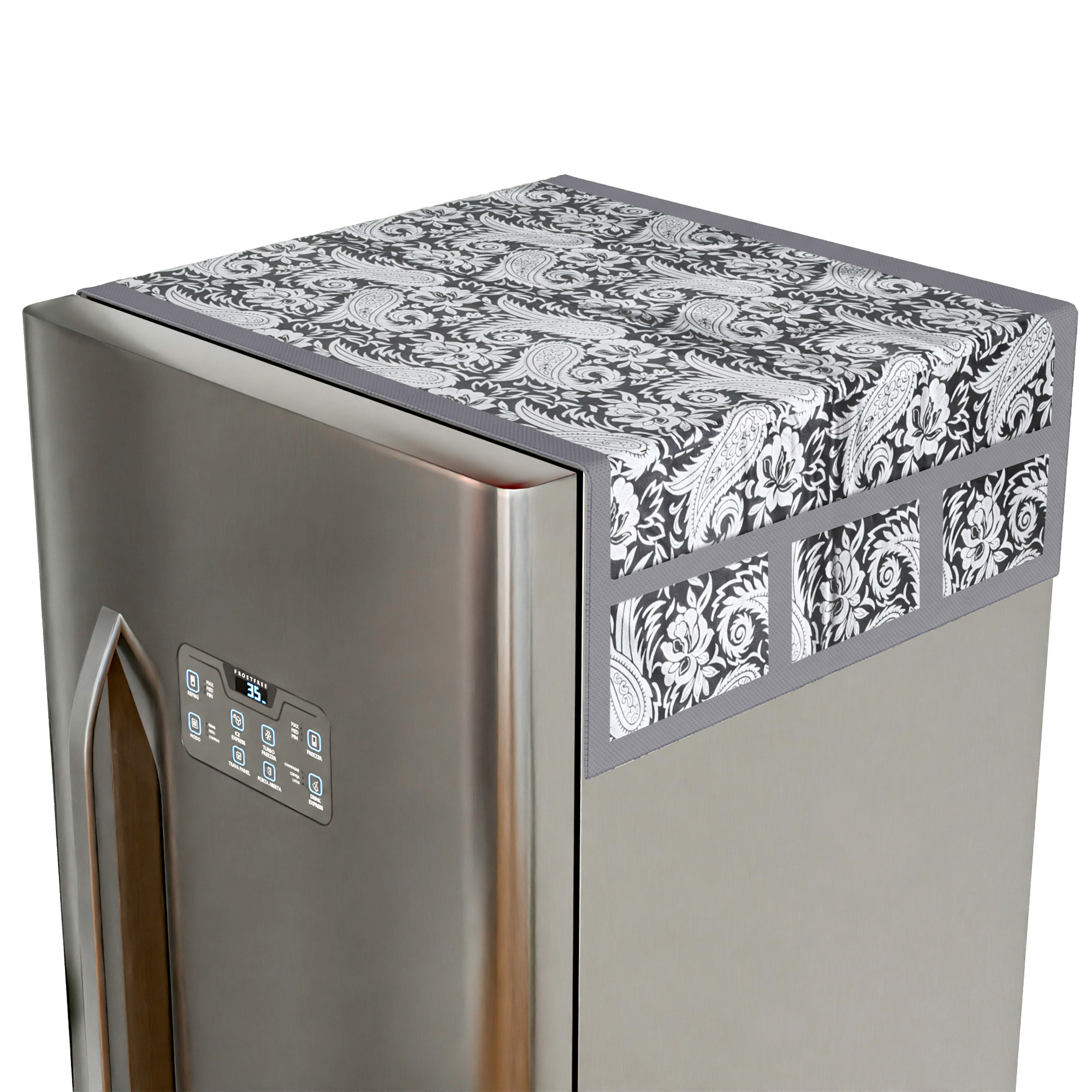 Kuber Industries Wipeable  Dustproof Fridge Cover Top With 6 Storage Pockets  Easy To Clean Refrigerator Cover Ideal for Home Canteen  Office  Silver Carry Print-Black