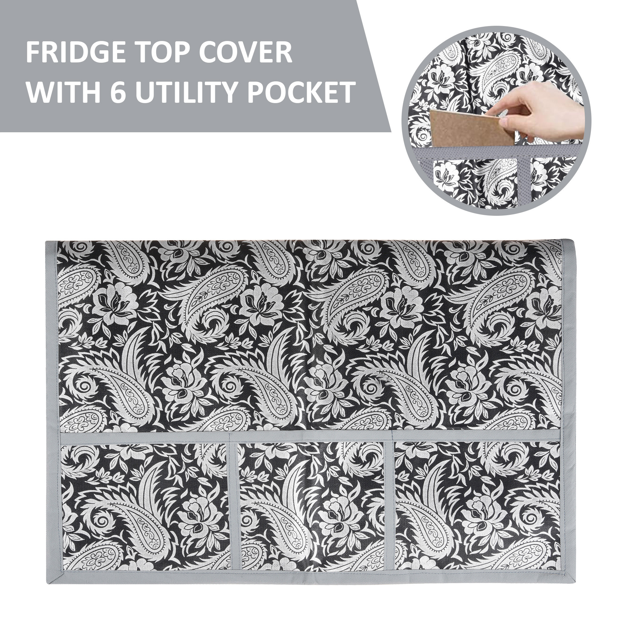 Kuber Industries Wipeable  Dustproof Fridge Cover Top With 6 Storage Pockets  Easy To Clean Refrigerator Cover Ideal for Home Canteen  Office  Silver Carry Print-Black