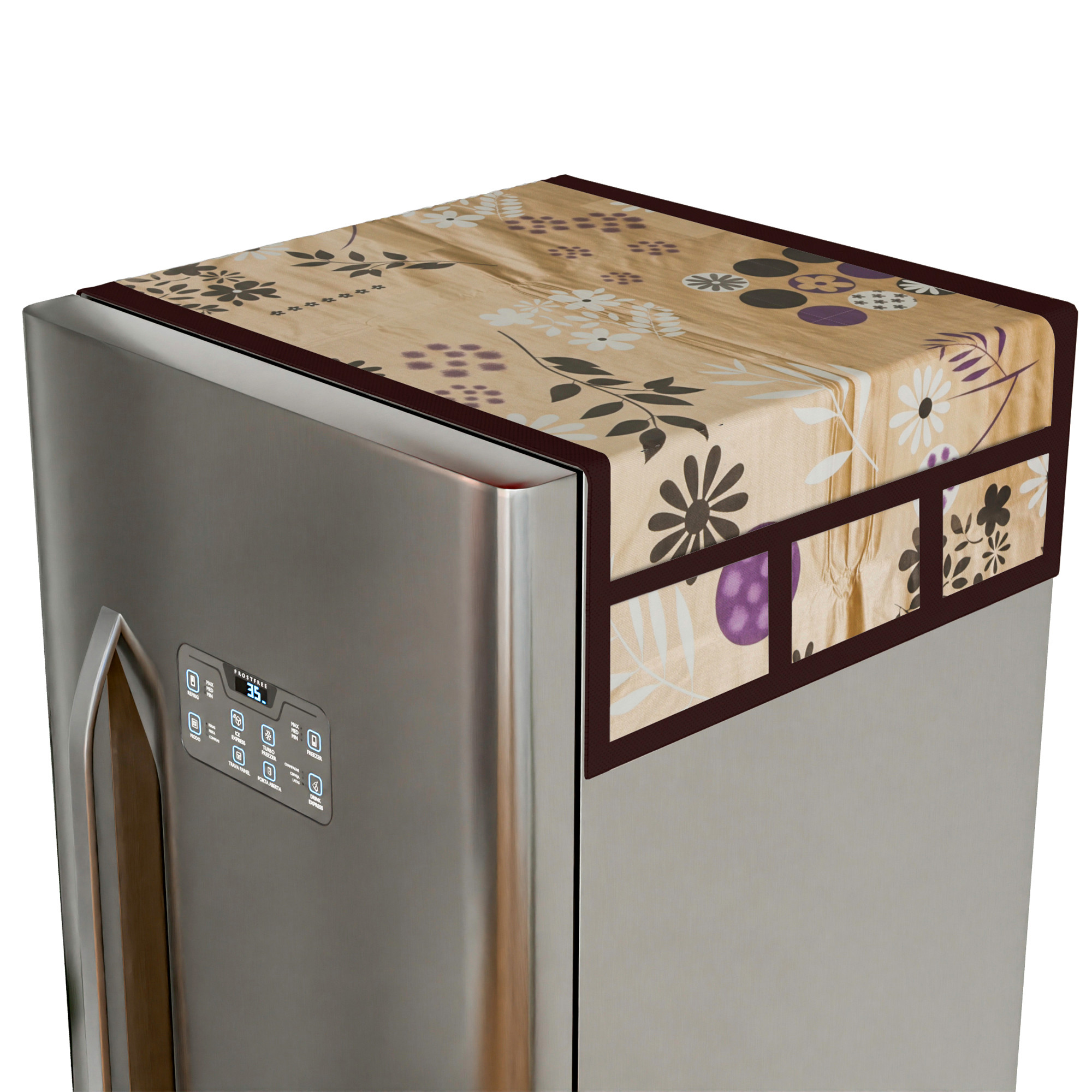 Kuber Industries Wipeable  Dustproof Fridge Cover Top With 6 Storage Pockets  Easy To Clean Refrigerator Cover Ideal for Home Canteen  Office  Flower Circle-Light Brown