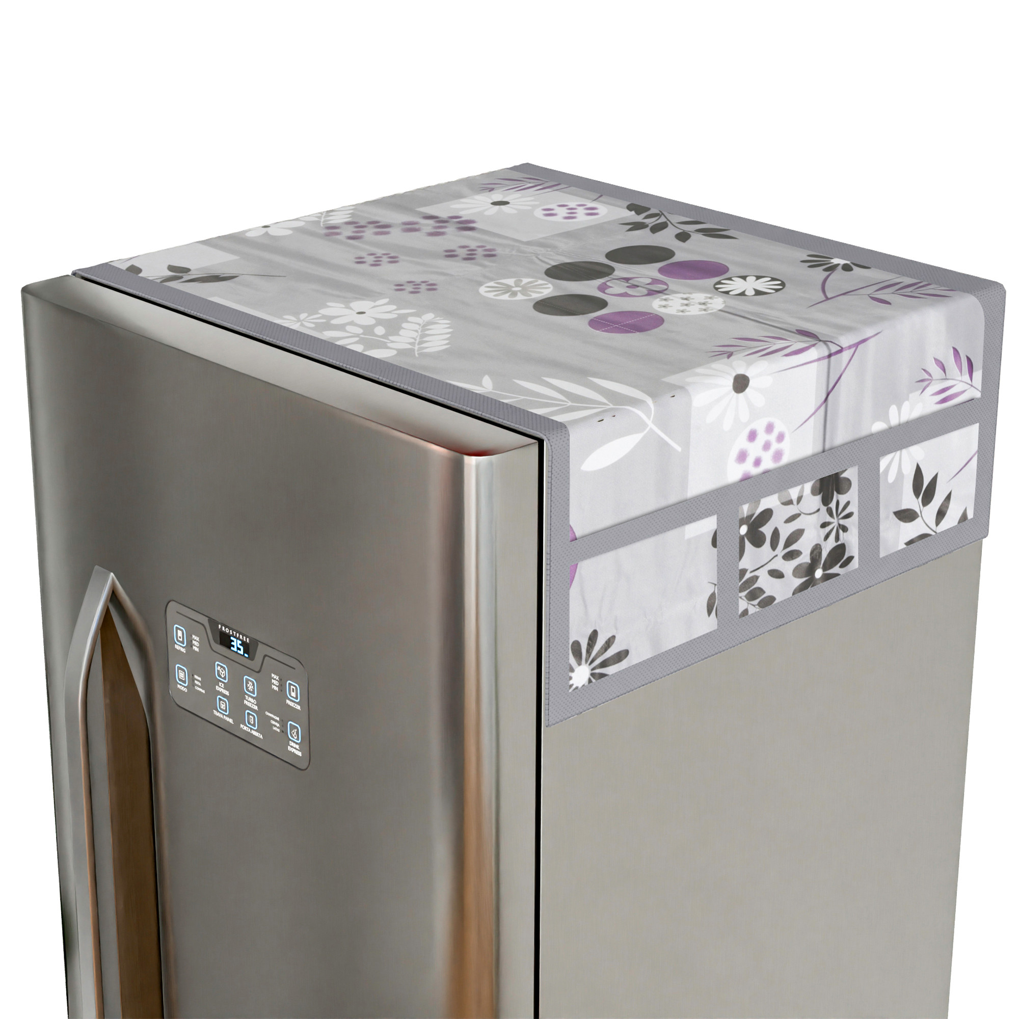 Kuber Industries Wipeable  Dustproof Fridge Cover Top With 6 Storage Pockets  Easy To Clean Refrigerator Cover Ideal for Home Canteen  Office  Flower Circle-Grey