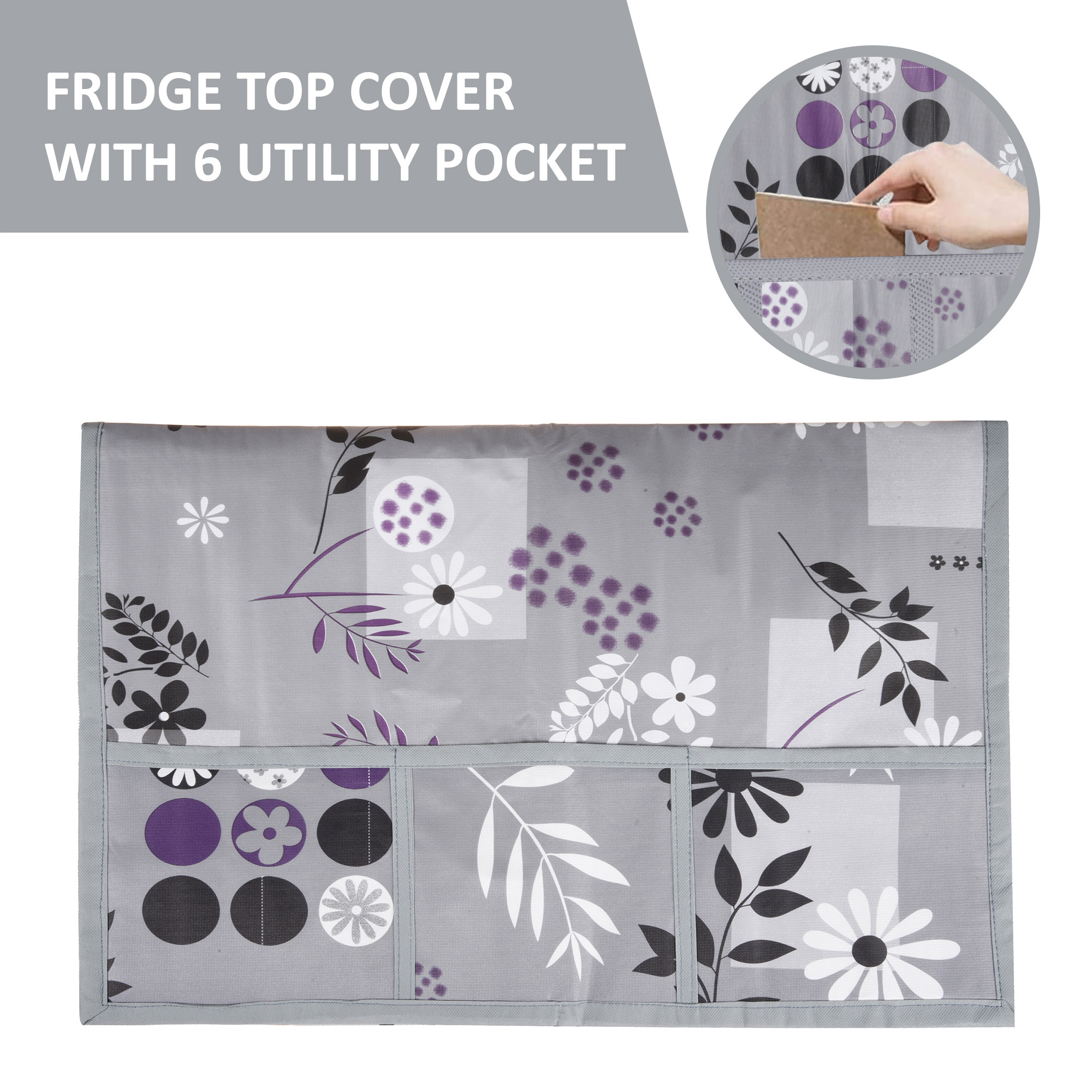 Kuber Industries Wipeable  Dustproof Fridge Cover Top With 6 Storage Pockets  Easy To Clean Refrigerator Cover Ideal for Home Canteen  Office  Flower Circle-Grey