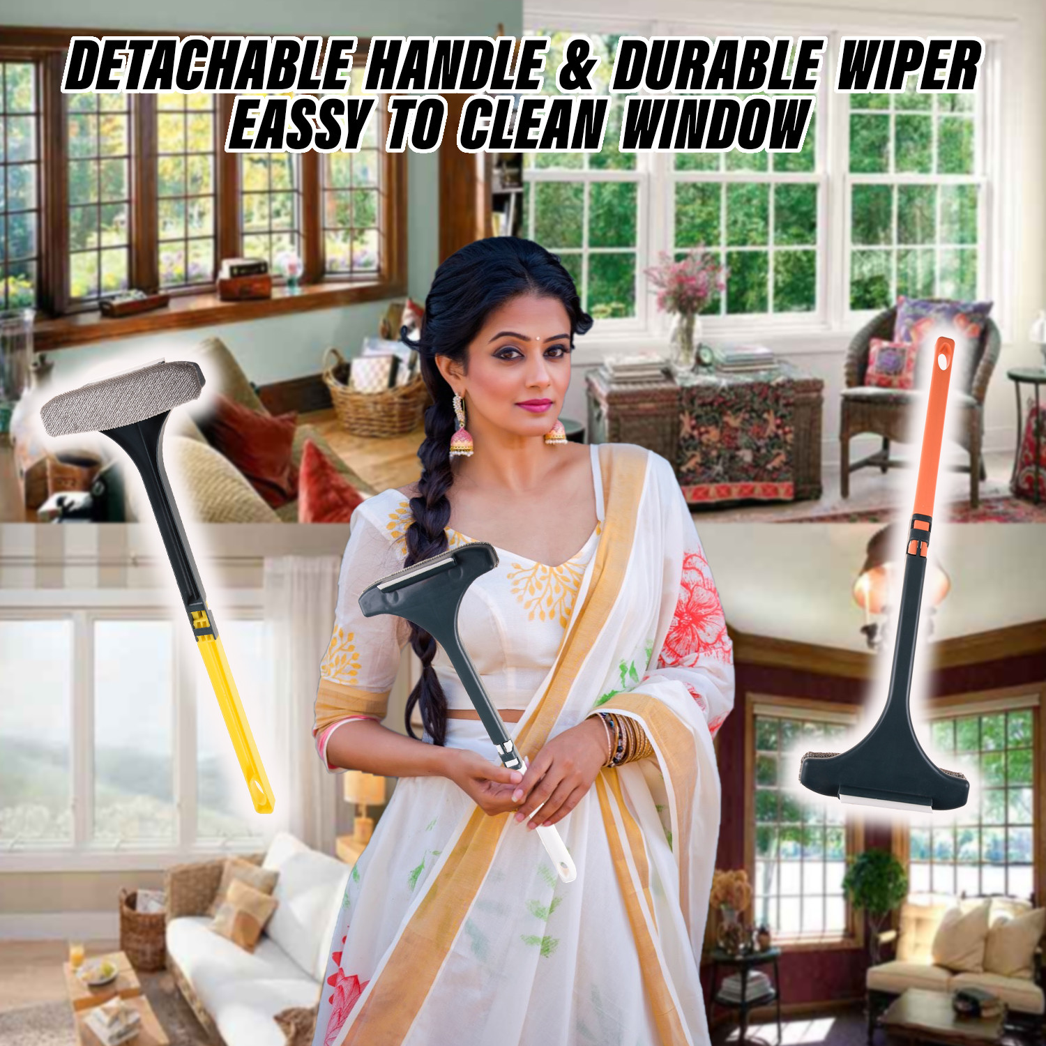 Kuber Industries Wiper | Plastic 2 In 1 Mesh Cleaning Brush | Window Cleaning Brush with Detachable Handle | Wiper For Glass Cleaning | 3 Pcs Set | Multicolor