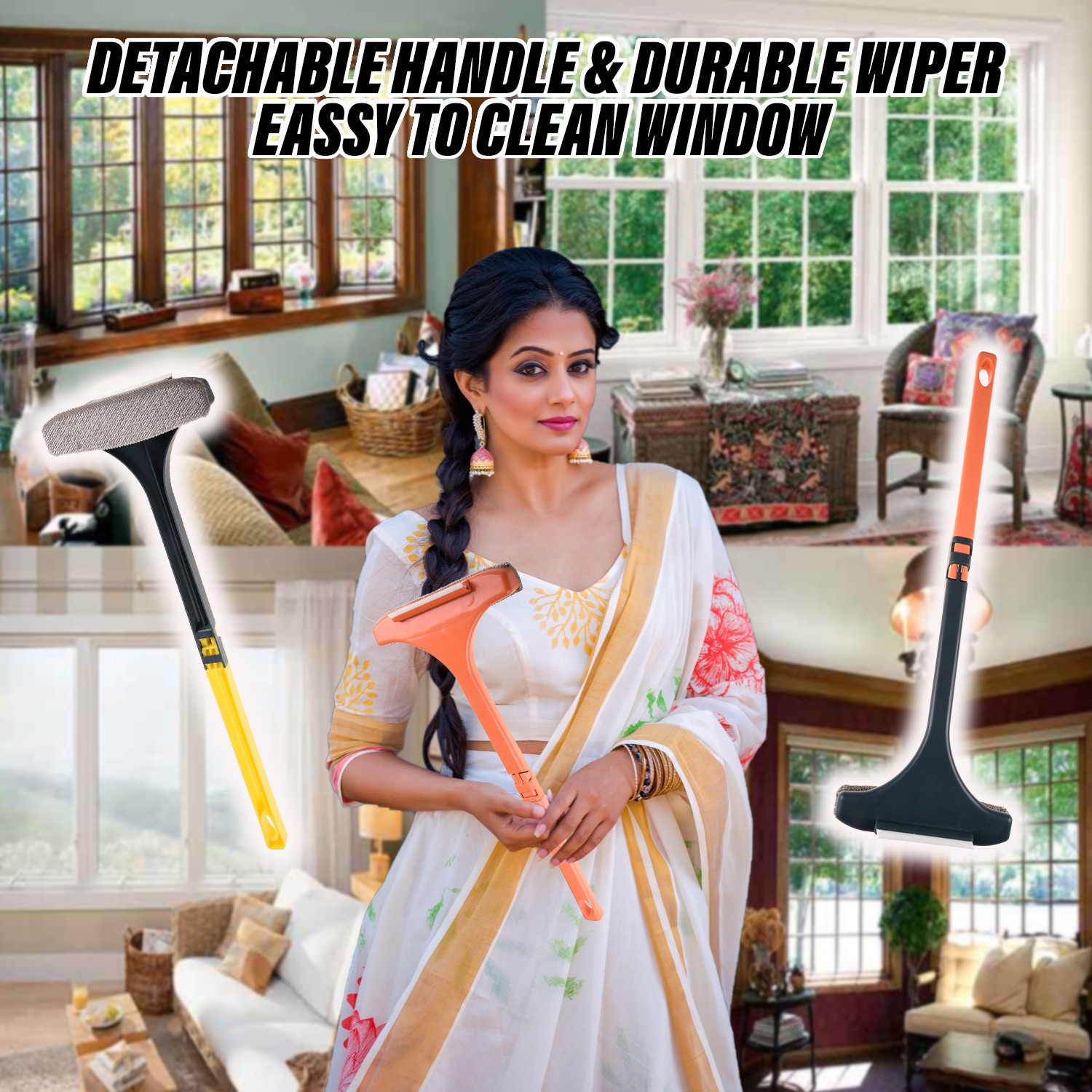 Kuber Industries Wiper | Plastic 2 In 1 Mesh Cleaning Brush | Window Cleaning Brush with Detachable Handle | Wiper For Glass Cleaning | 3 Pcs Set | Multicolor