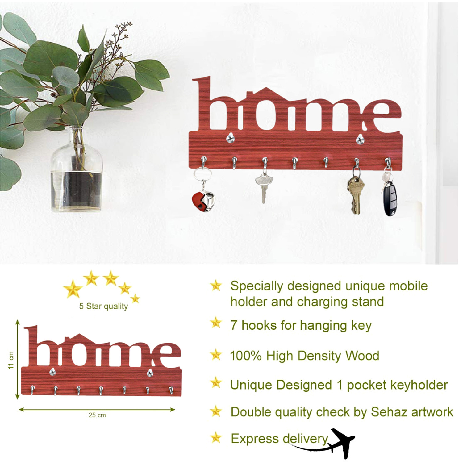 Kuber Industries Wood Home Design 7 Hooks Mounted Key Holder for Wall & Home Decor (Brown)