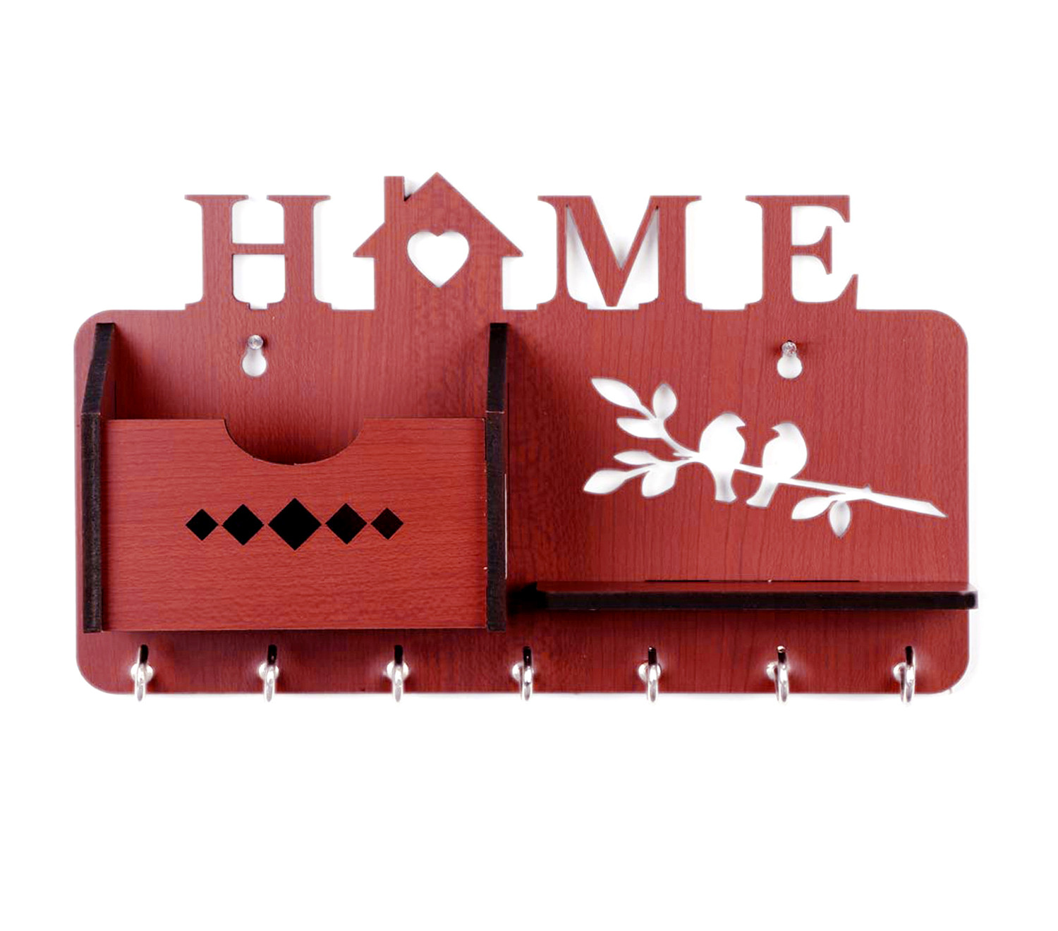 Kuber Industries Wood Home Design Wall 7 Hooks Key Holder | Mail Holder With Stand & Extra Shelf for Home Decorations (Brown)