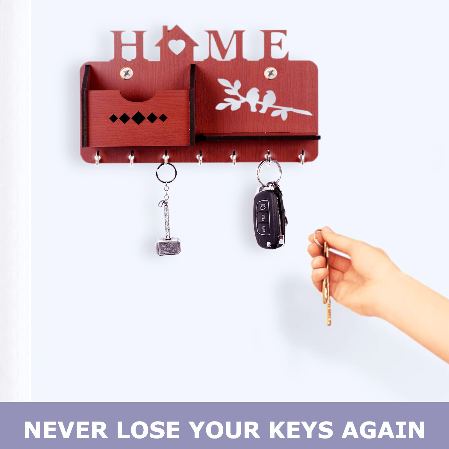 Kuber Industries Wood Home Design Wall 7 Hooks Key Holder | Mail Holder With Stand & Extra Shelf for Home Decorations (Brown)