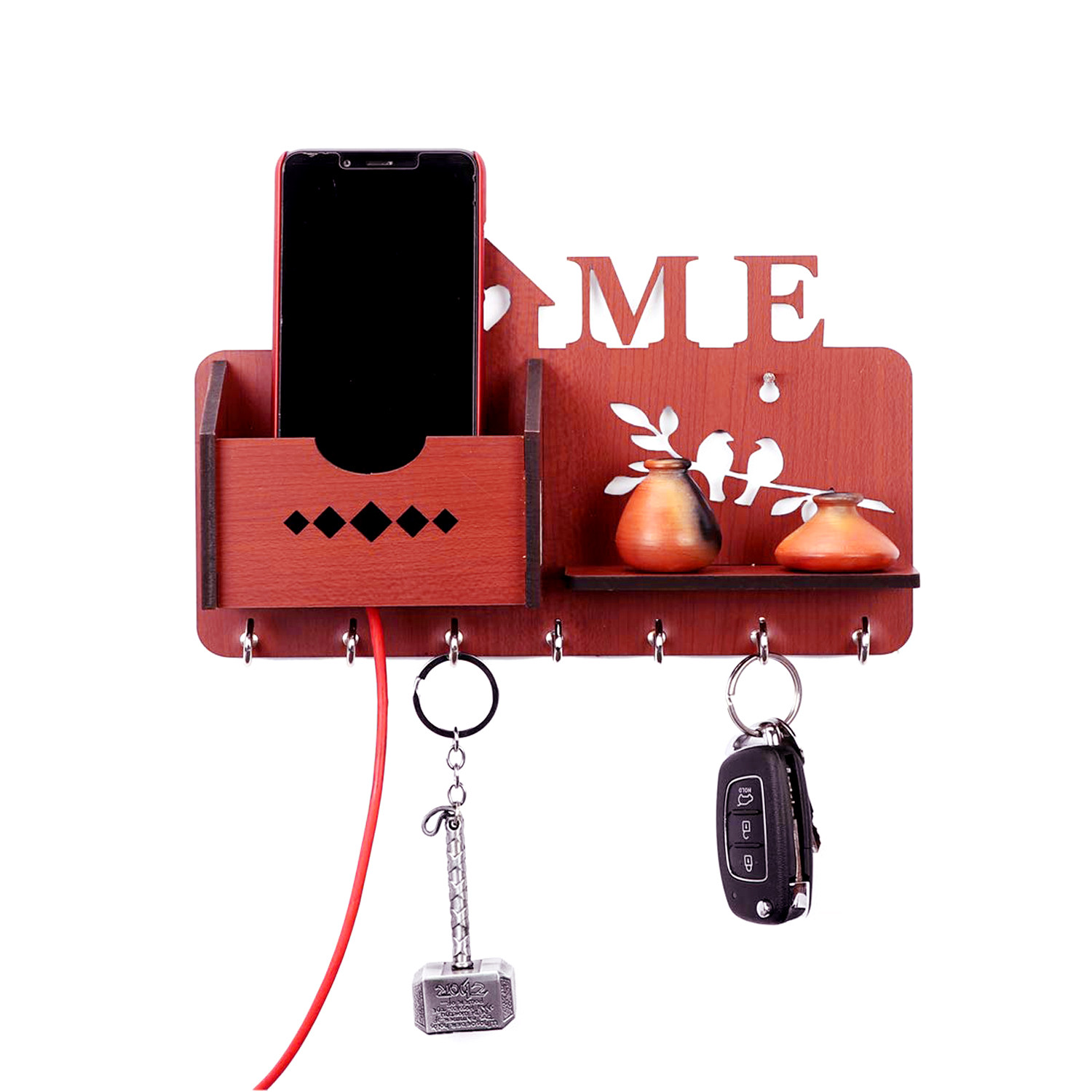 Kuber Industries Wood Home Design Wall 7 Hooks Key Holder | Mail Holder With Stand & Extra Shelf for Home Decorations (Brown)