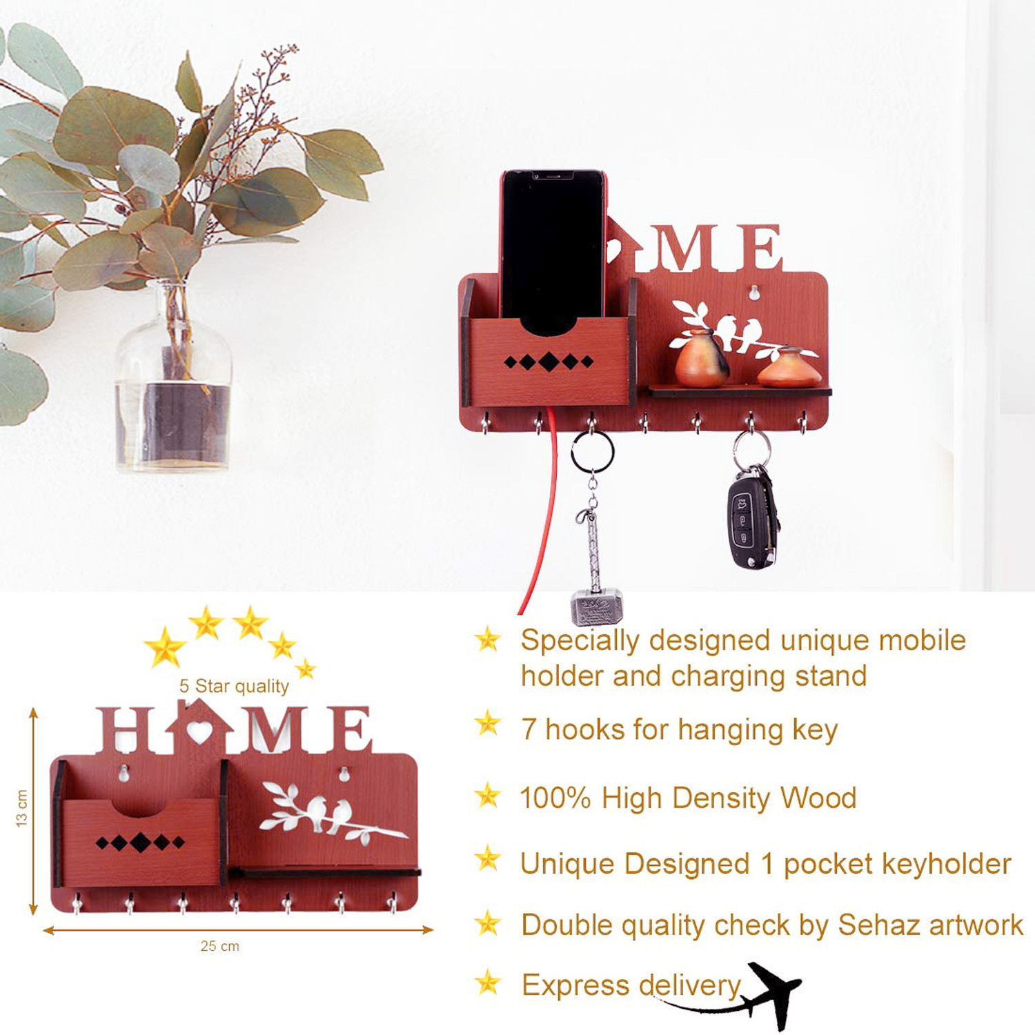 Kuber Industries Wood Home Design Wall 7 Hooks Key Holder | Mail Holder With Stand & Extra Shelf for Home Decorations (Brown)
