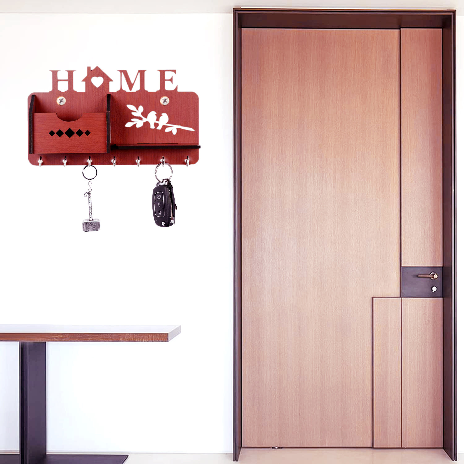 Kuber Industries Wood Home Design Wall 7 Hooks Key Holder | Mail Holder With Stand & Extra Shelf for Home Decorations (Brown)