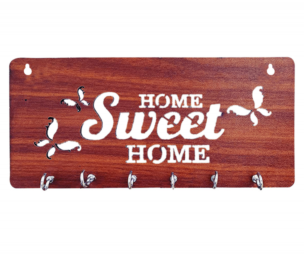 Kuber Industries Wood Sweet Home Design 7 Hooks Mounted Key Holder for Wall &amp; Home Decor (Brown)
