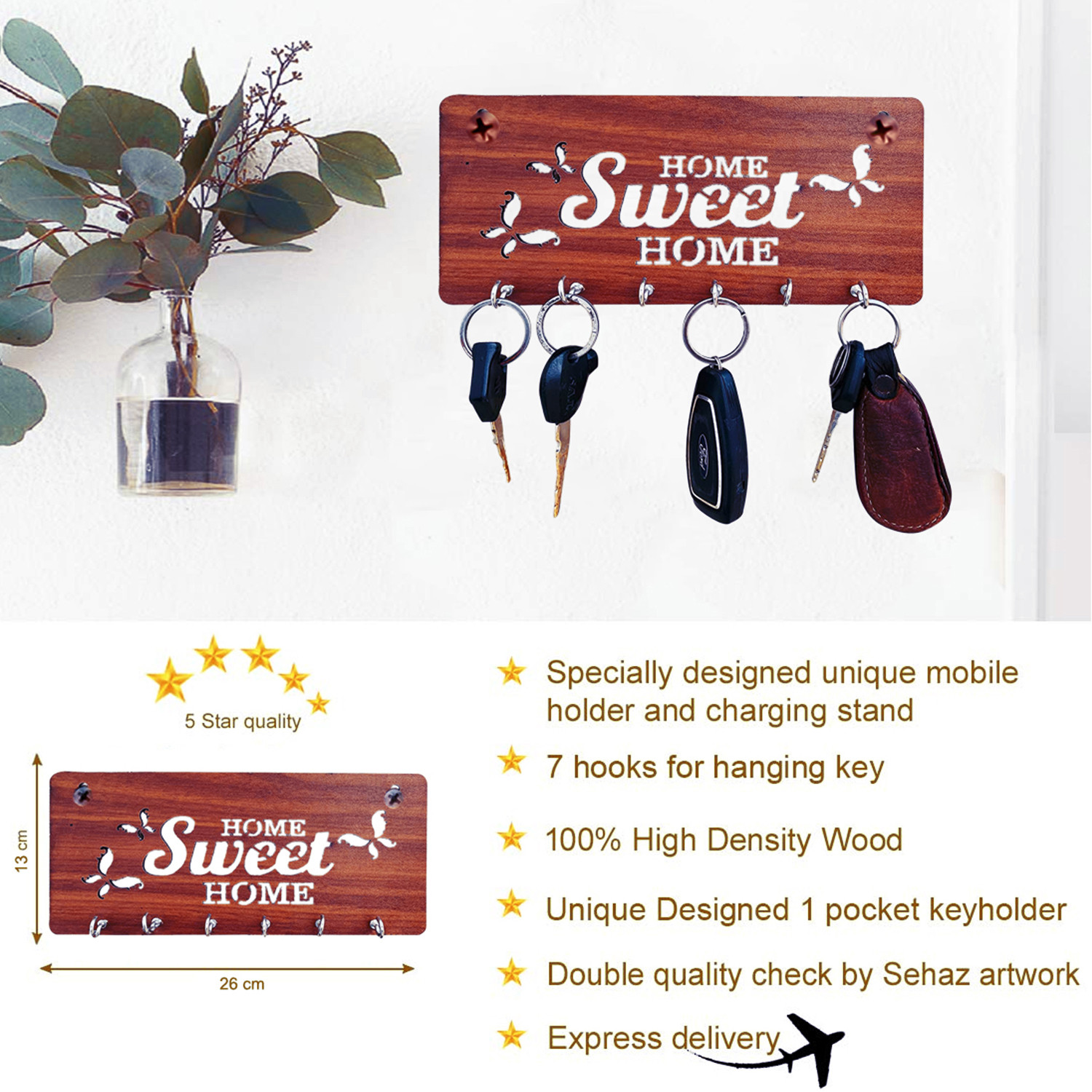 Kuber Industries Wood Sweet Home Design 7 Hooks Mounted Key Holder for Wall & Home Decor (Brown)