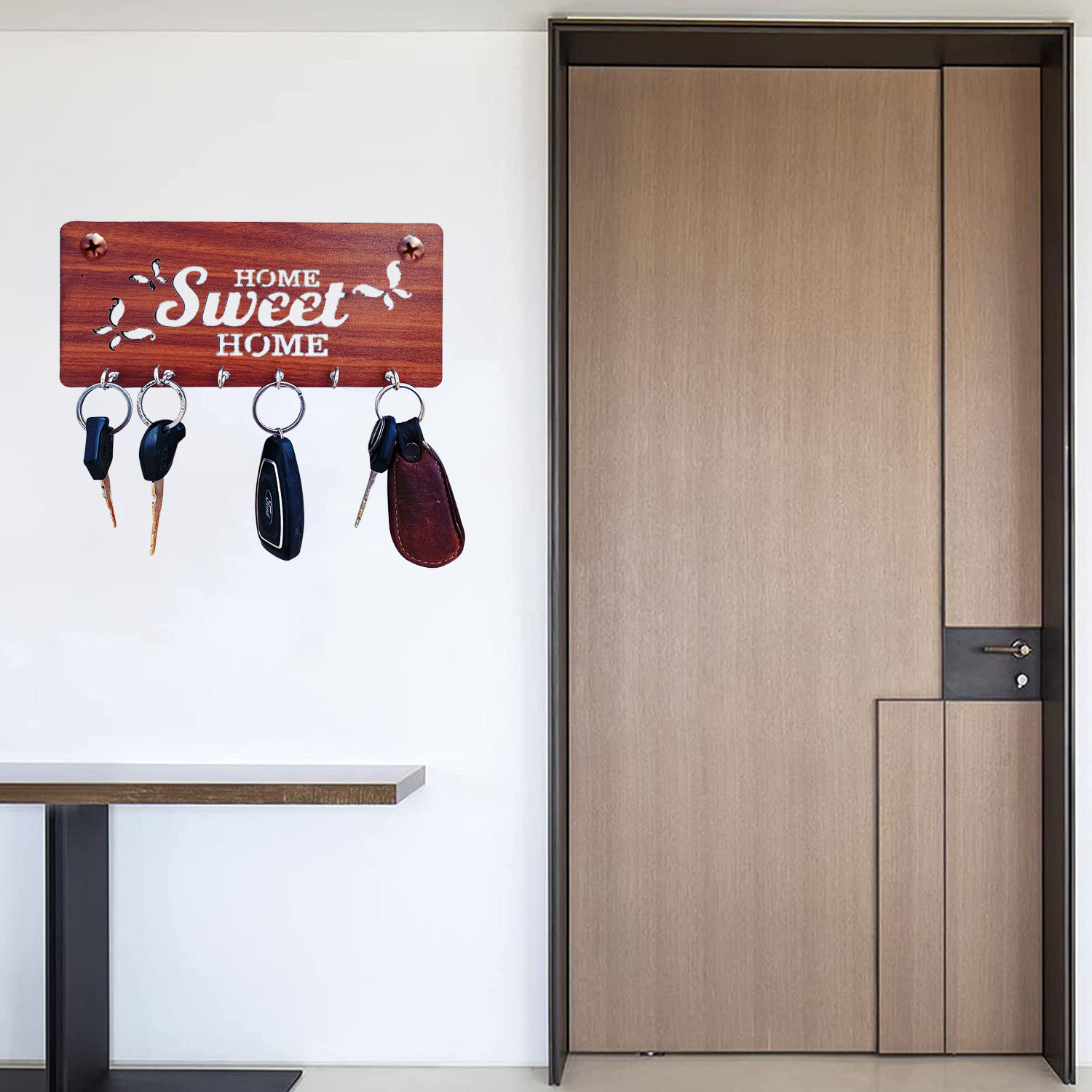 Kuber Industries Wood Sweet Home Design 7 Hooks Mounted Key Holder for Wall & Home Decor (Brown)