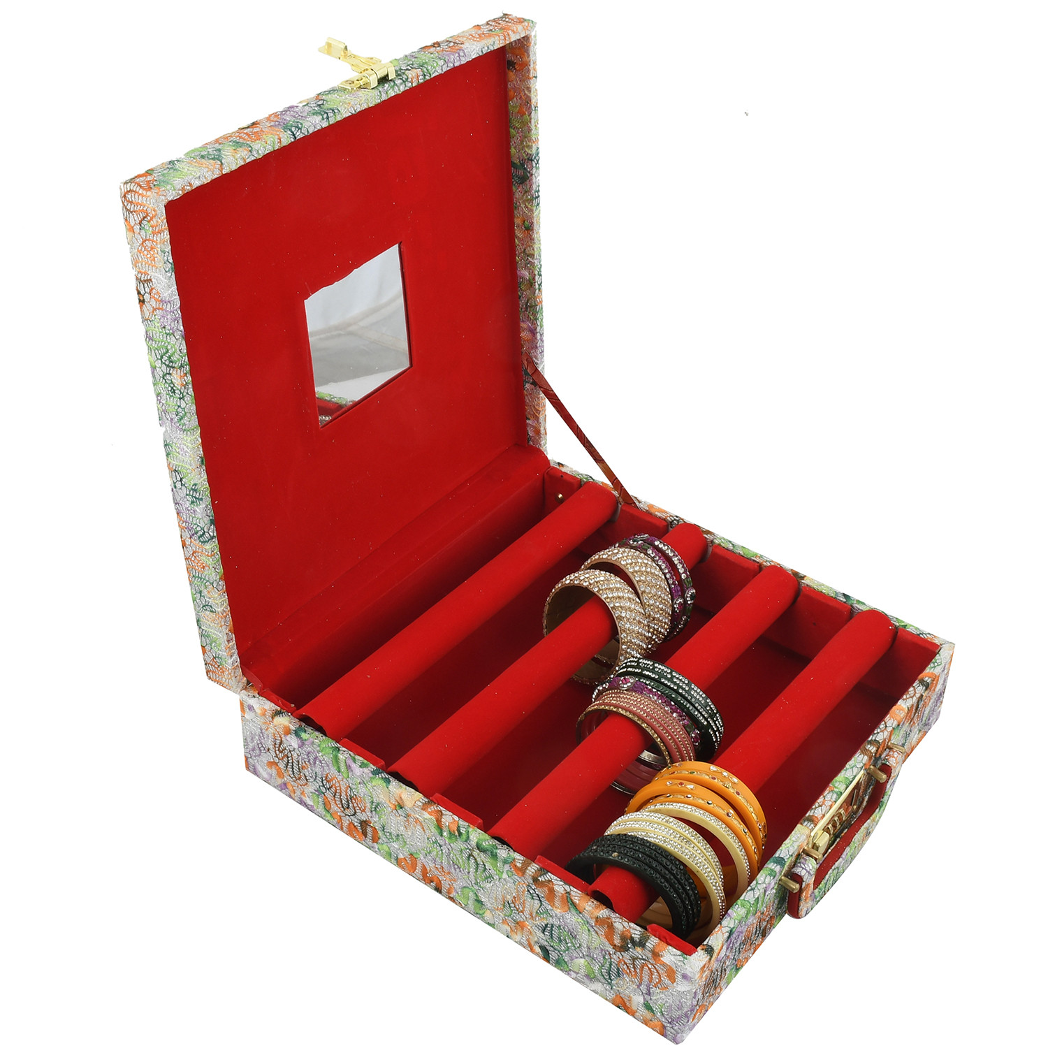 Kuber Industries Wooden 1 Piece Four Rod Shining Bangle Storage Box with Lock System (Orange & Green) -CTKTC39386