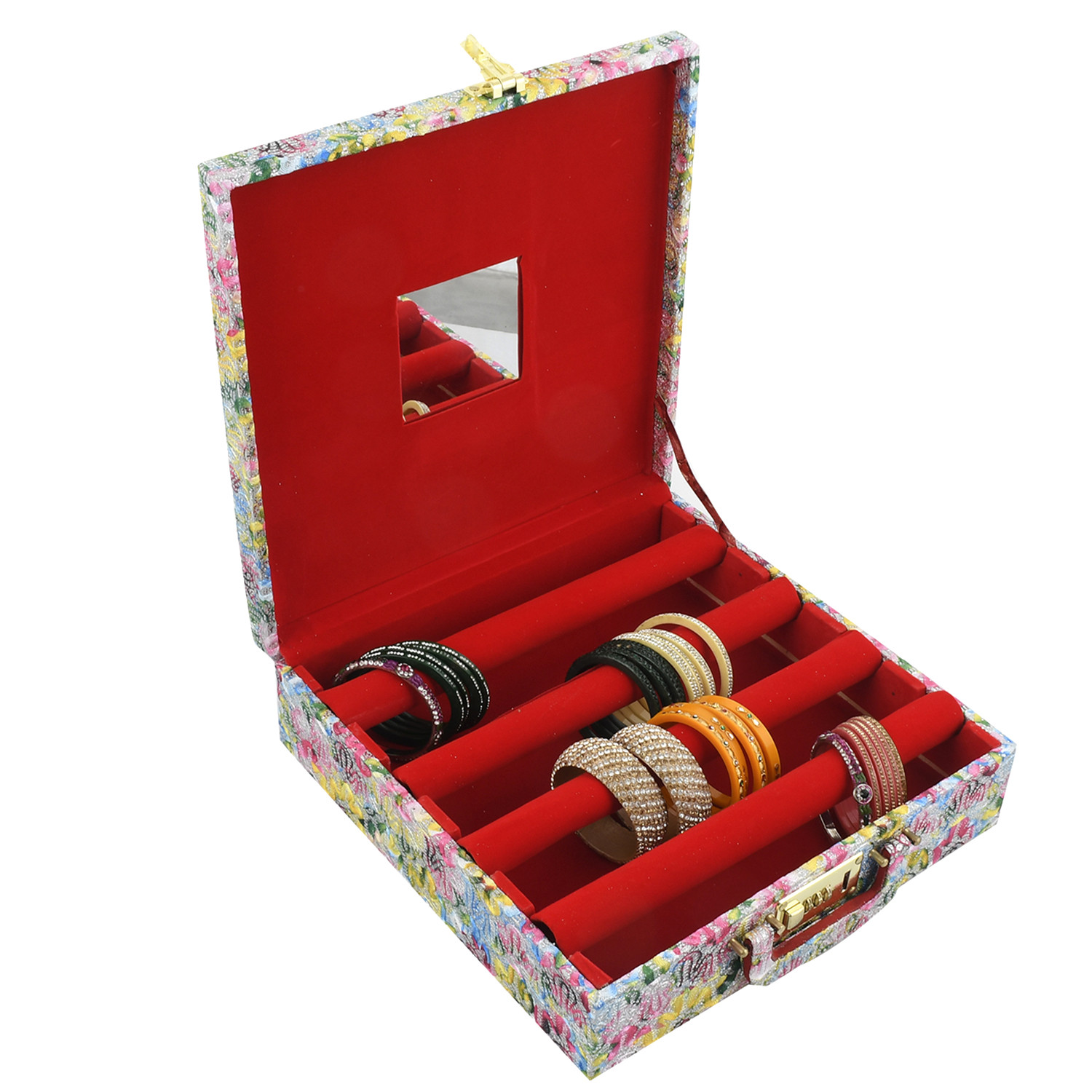 Kuber Industries Wooden 1 Piece Four Rod Shining Bangle Storage Box with Lock System (Pink & Yellow) -CTKTC39384