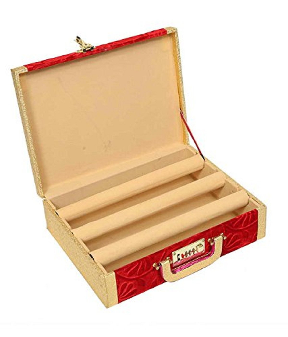 Kuber Industries Wooden 3 Rod Velvet Bangle Box|Golden Border Vanity Organizer With Handle (Maroon)