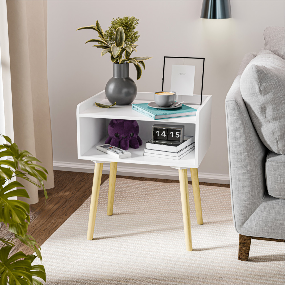 Image of Kuber Industries Wooden Bedside Table for Bedroom | Corner Sofa Side End Table for Living Room Decor, Home and Office | Bookcase Nightstand with Storage Engineered Wood Modern Furniture | White