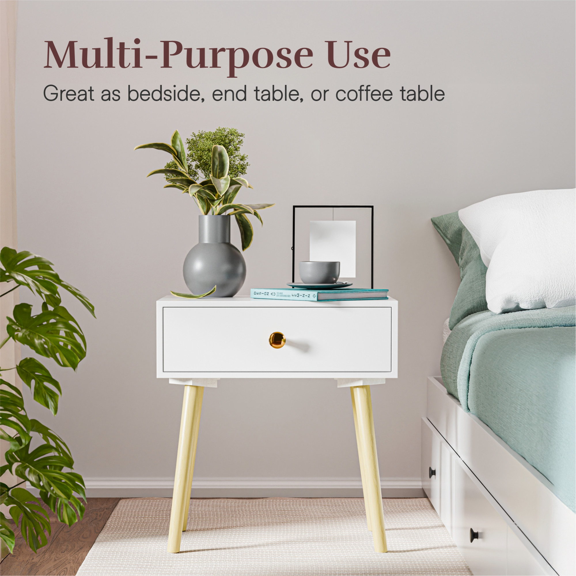 Kuber Industries Wooden Bedside Table for Bedroom  CornerSide Table with Drawer  Night Stand Lamp End Table for Living Room Decor Wood Legs Engineered Modern Furniture  White