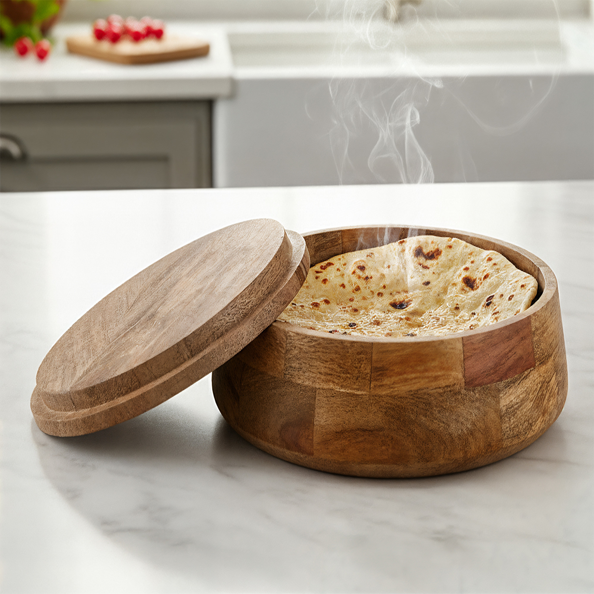 Kuber Industries Wooden CasseroleServing Bowl for Roti Server  Spacious Tableware Hot Pot Masala Box with Easy Locking Lid  Brown