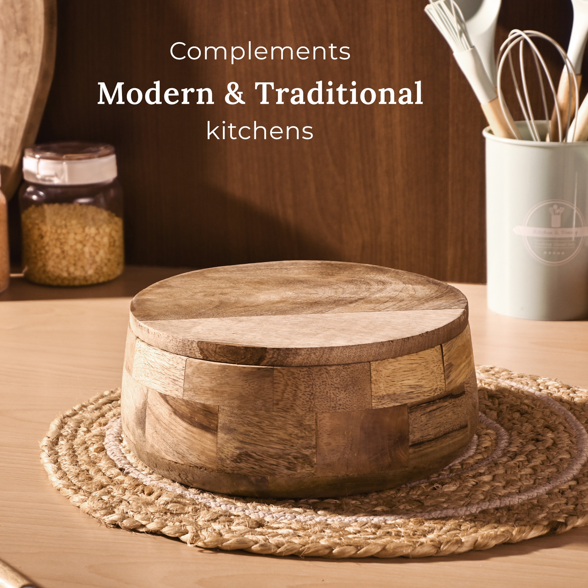 Kuber Industries Wooden CasseroleServing Bowl for Roti Server  Spacious Tableware Hot Pot Masala Box with Easy Locking Lid  Brown