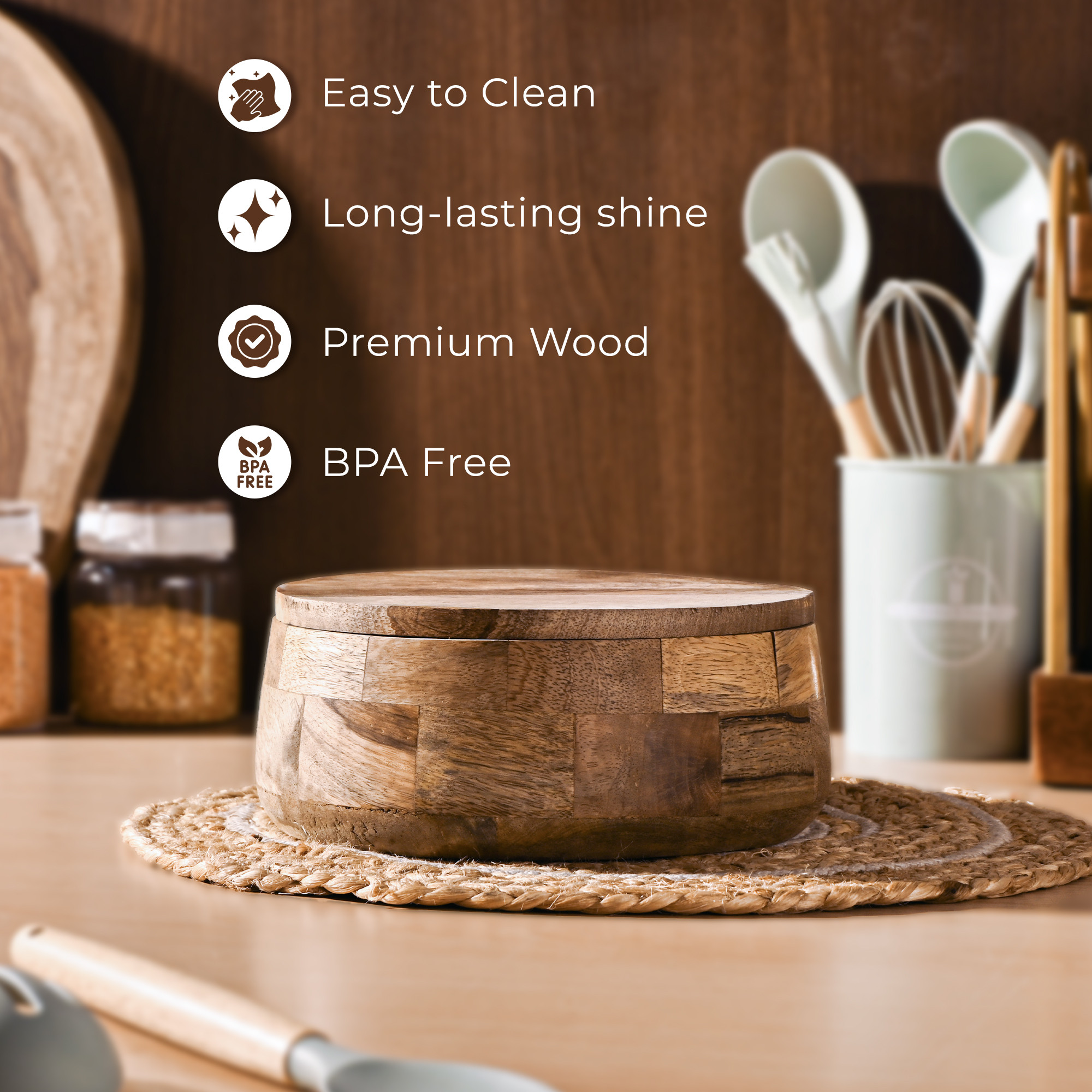 Kuber Industries Wooden CasseroleServing Bowl for Roti Server  Spacious Tableware Hot Pot Masala Box with Easy Locking Lid  Brown