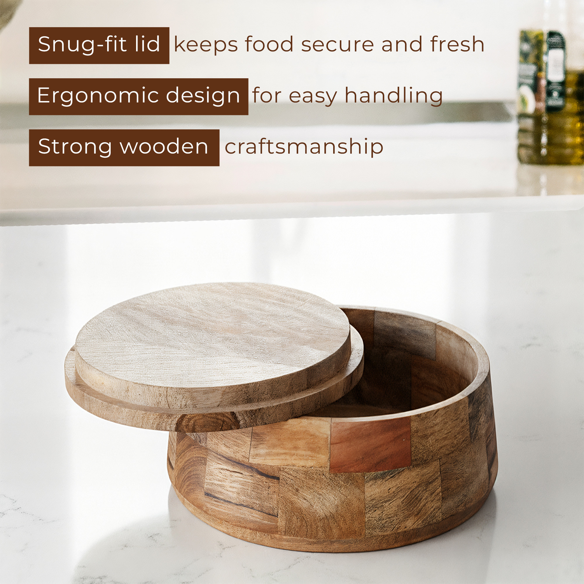 Kuber Industries Wooden CasseroleServing Bowl for Roti Server  Spacious Tableware Hot Pot Masala Box with Easy Locking Lid  Brown