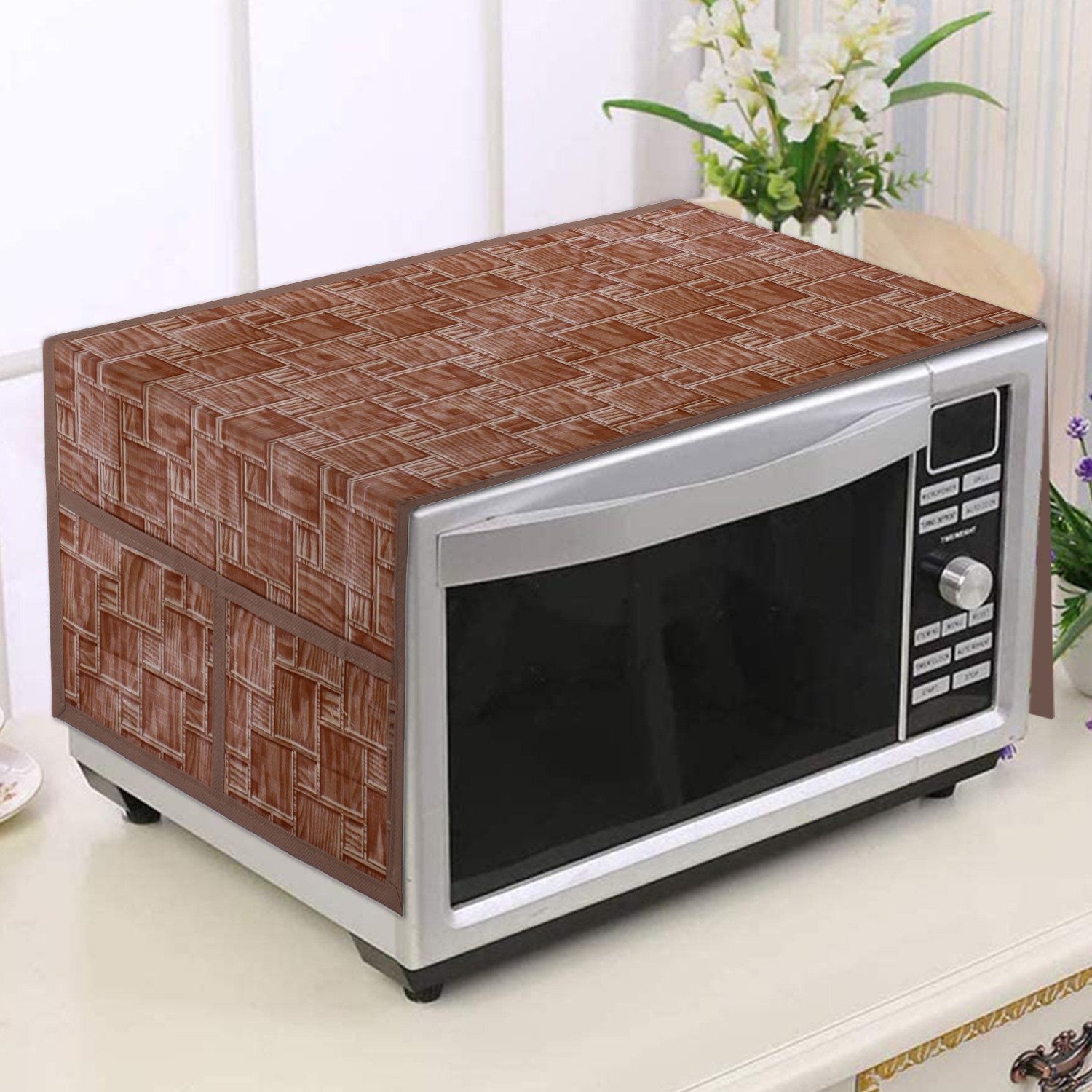 Kuber Industries Wooden Check Printed PVC Decorative Microwave Oven Top Cover With 4 Utility Pockets (Brown)