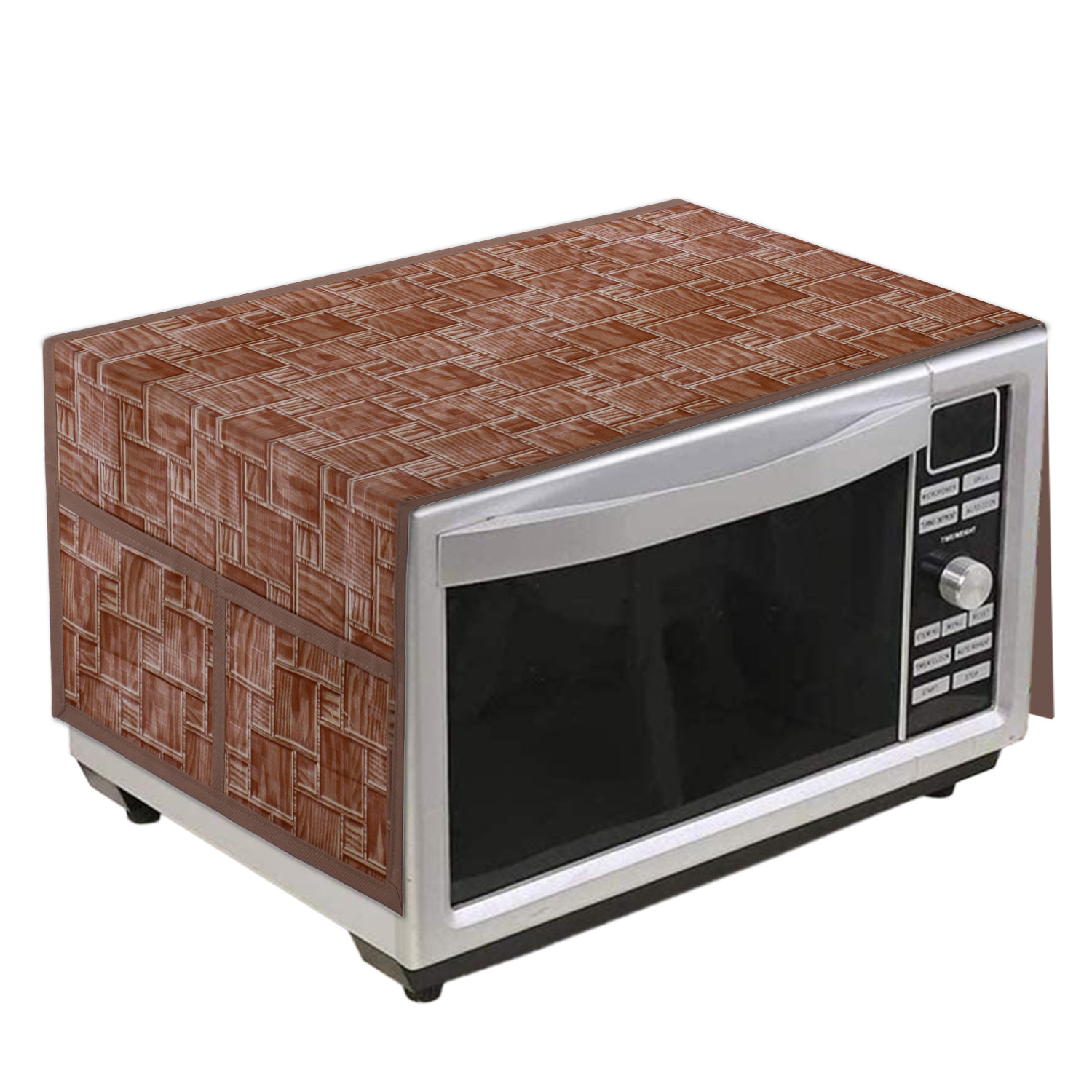Kuber Industries Wooden Check Printed PVC Decorative Microwave Oven Top Cover With 4 Utility Pockets (Brown)