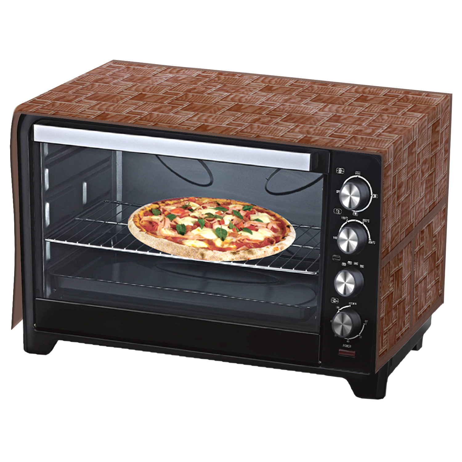 Kuber Industries Wooden Check Printed PVC Decorative Microwave Oven Top Cover With 4 Utility Pockets (Brown)