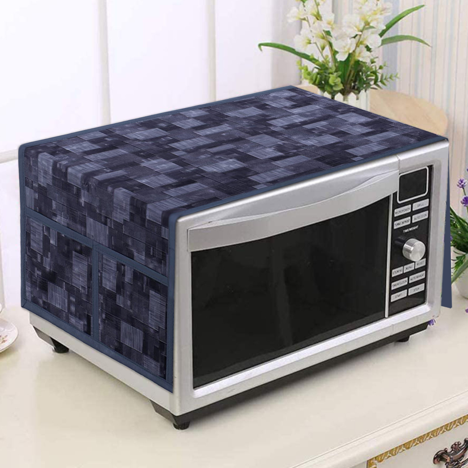 Kuber Industries Wooden Check Printed PVC Decorative Microwave Oven Top Cover With 4 Utility Pockets (Grey)