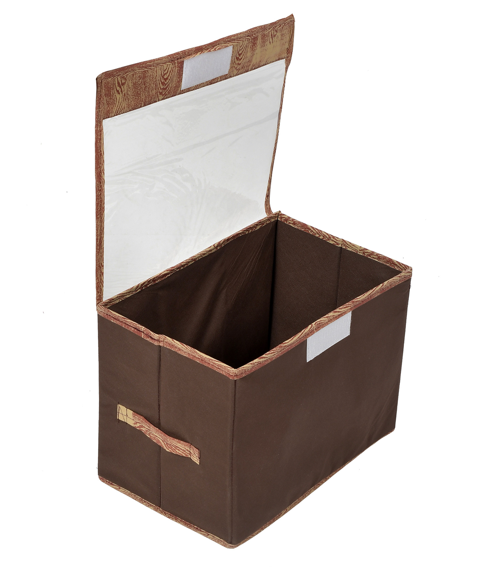 Kuber Industries Wooden Design Multiuses 3 Different Sizes Non-Woven Storage Box/Organizer With Tranasparent Lid- Set of 3 (Brown) -44KM0447