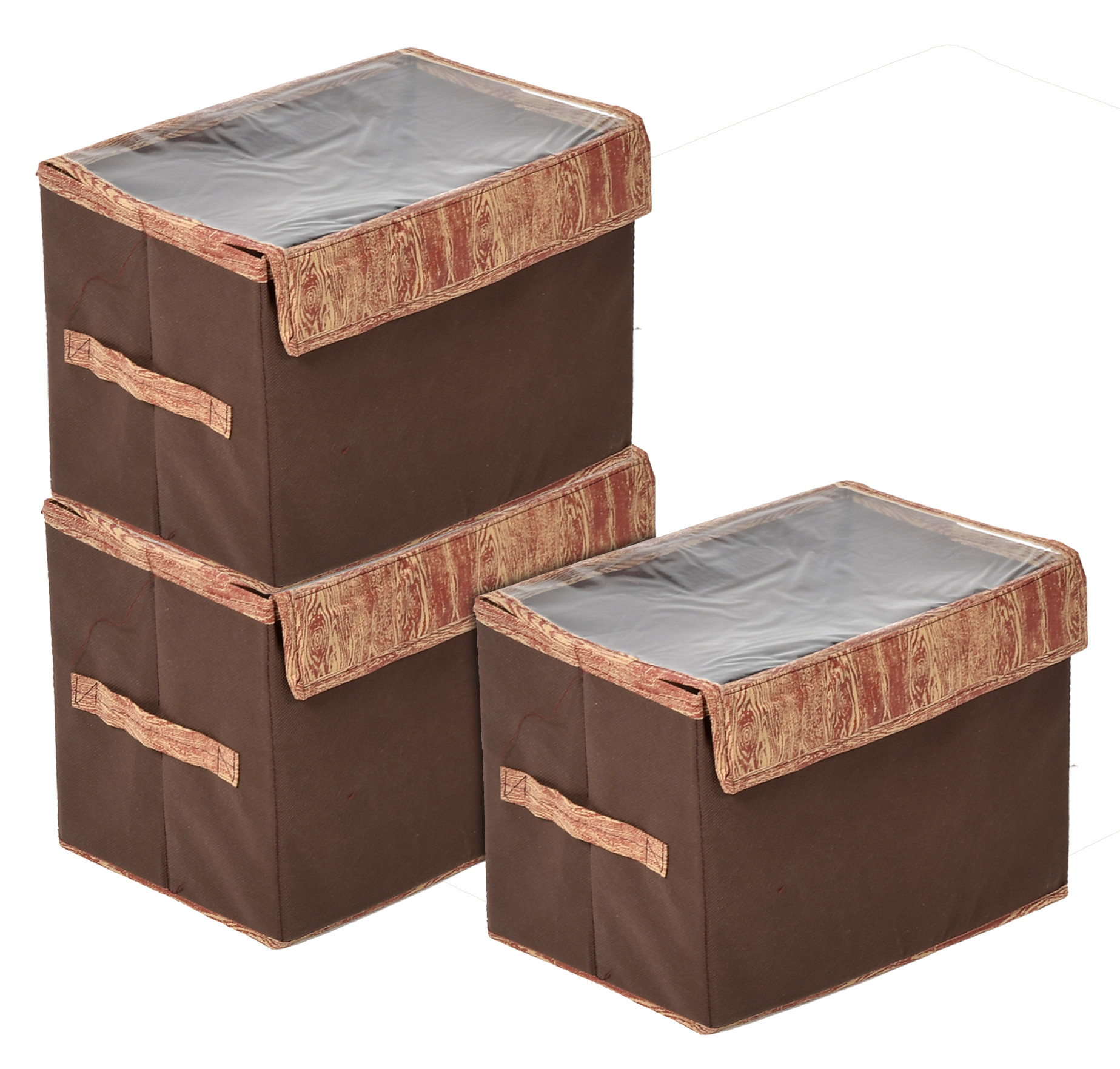 Kuber Industries Wooden Design Multiuses Large Non-Woven Storage Box/Organizer With Tranasparent Lid (Brown) -44KM0441