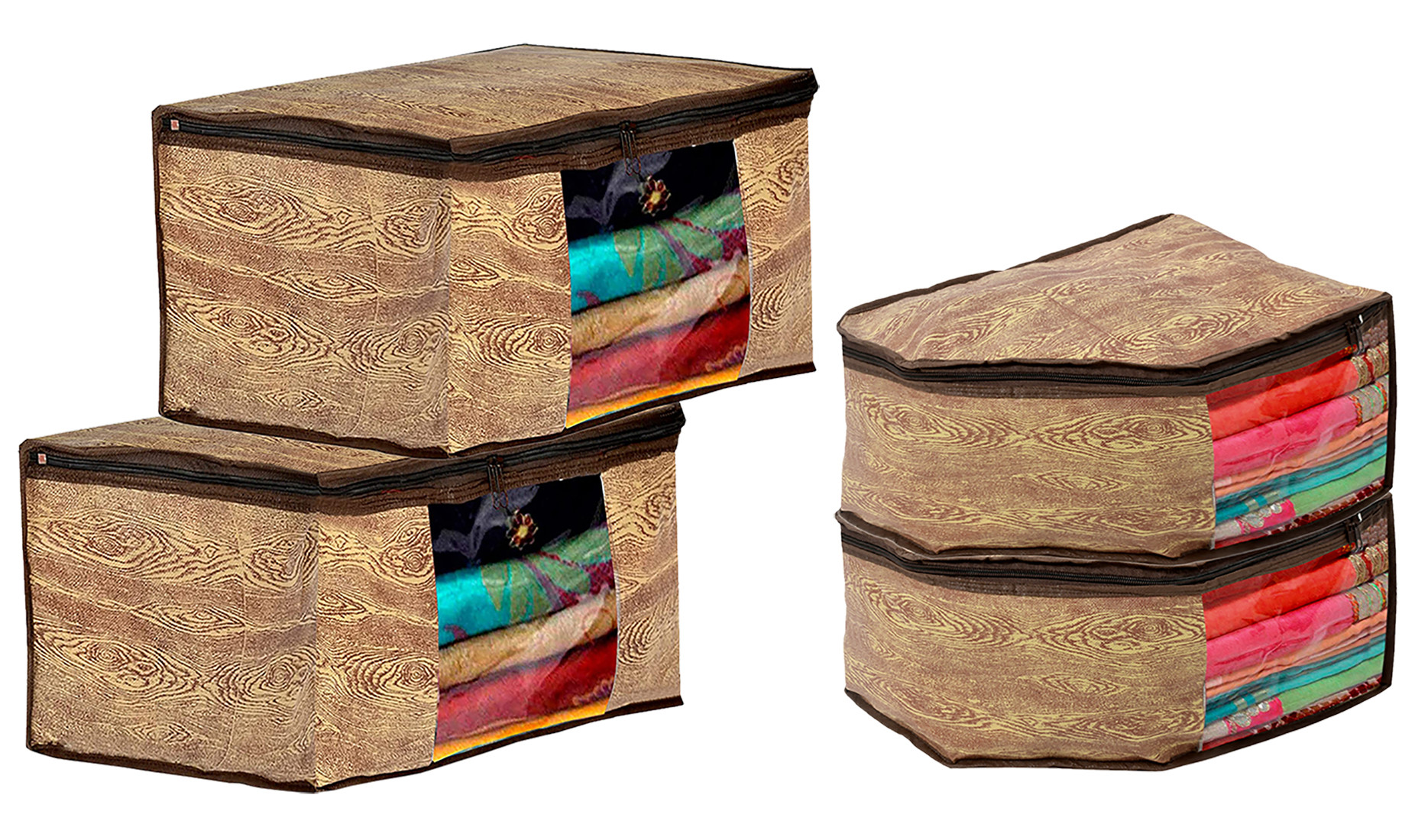 Kuber Industries Wooden Design Non-woven Foldable Saree & Blouse Cover/Clothes Storage Bag/Wardrobe Organizer Set With Transparent Window- (Brown)-44KM0559