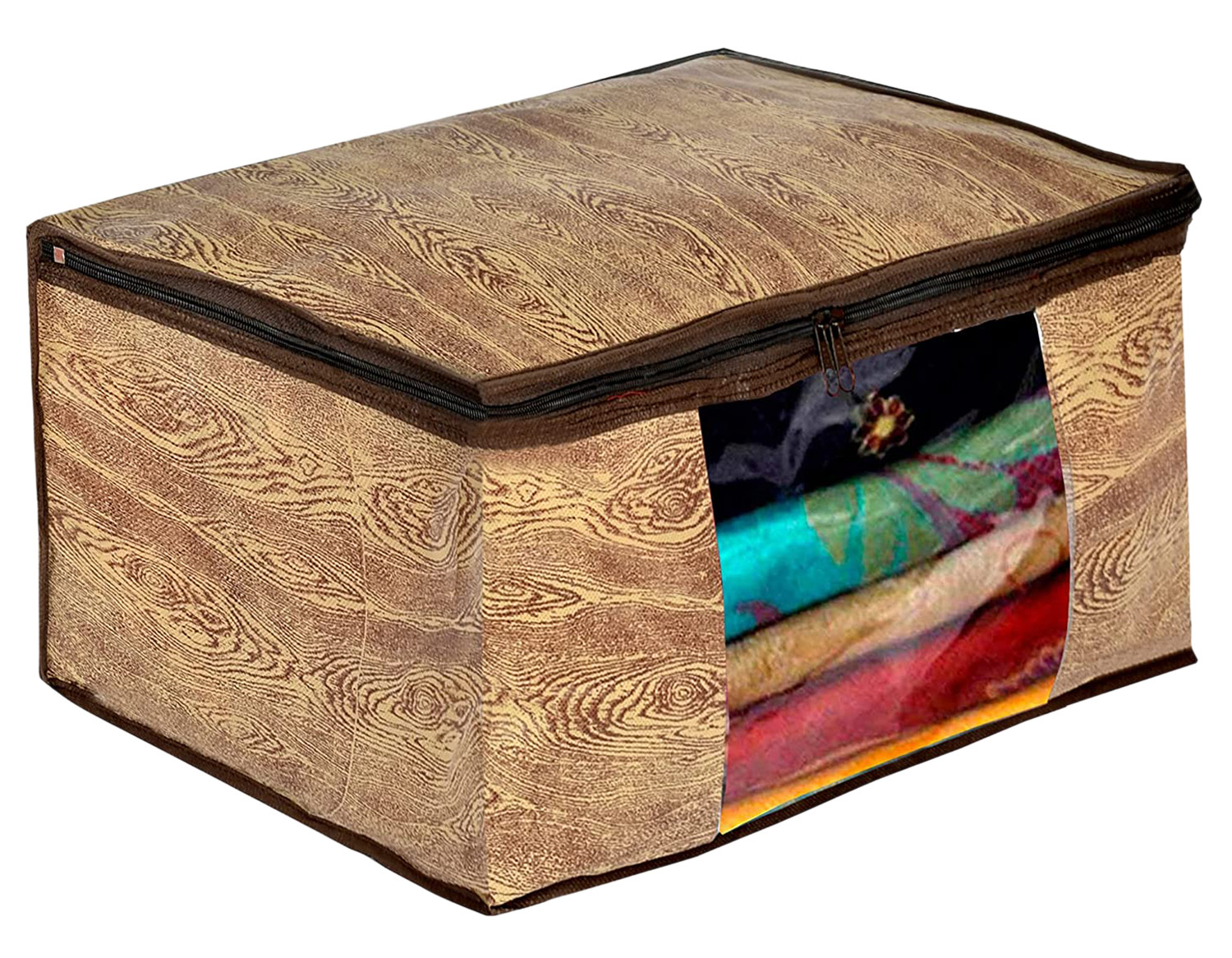 Kuber Industries Wooden Design Non-woven Foldable Saree & Blouse Cover/Clothes Storage Bag/Wardrobe Organizer Set With Transparent Window- (Brown)-44KM0559