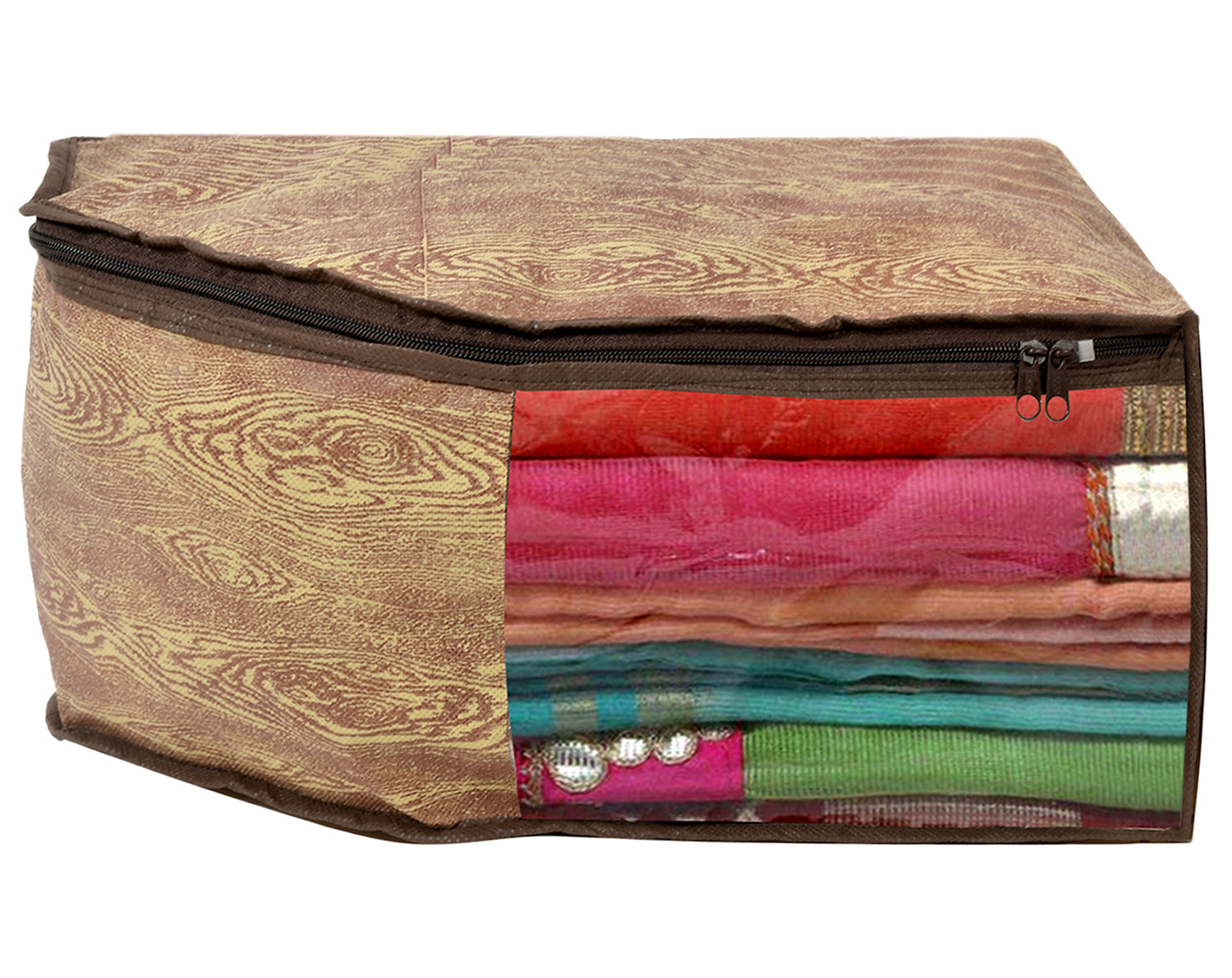 Kuber Industries Wooden Design Non-woven Foldable Saree & Blouse Cover/Clothes Storage Bag/Wardrobe Organizer Set With Transparent Window- (Brown)-44KM0559