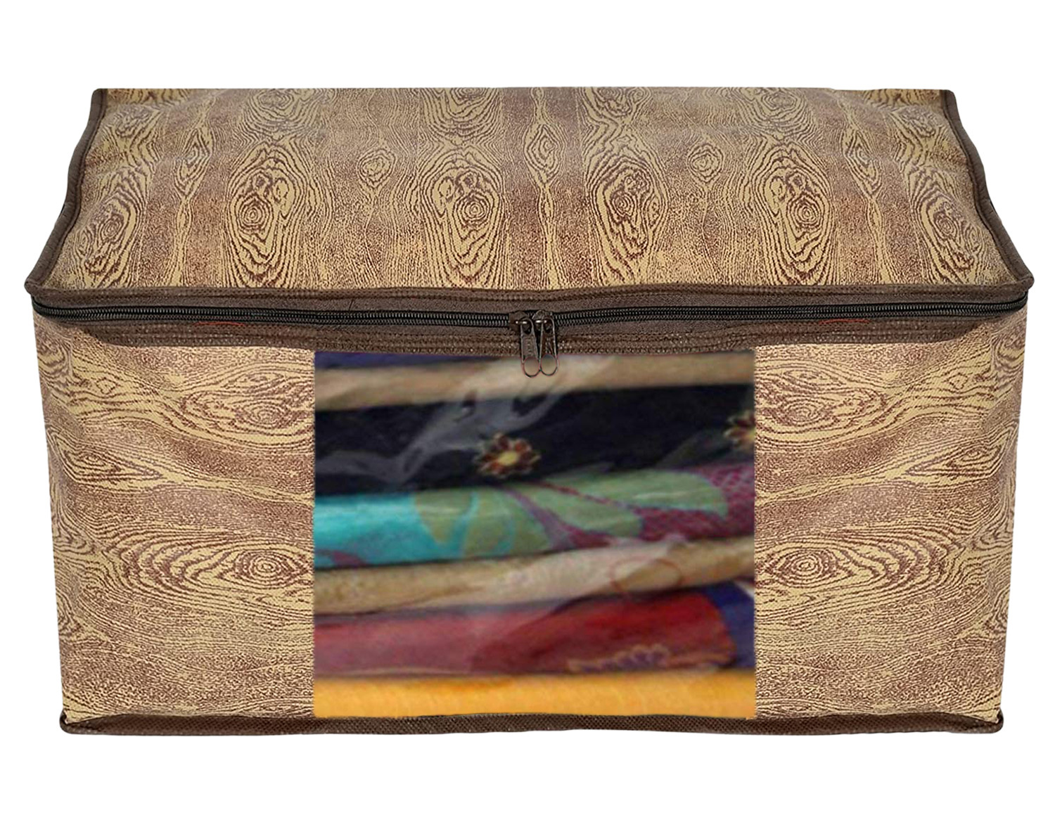 Kuber Industries Wooden Design Non-woven Foldable Saree & Blouse Cover/Clothes Storage Bag/Wardrobe Organizer Set With Transparent Window- (Brown)-44KM0559