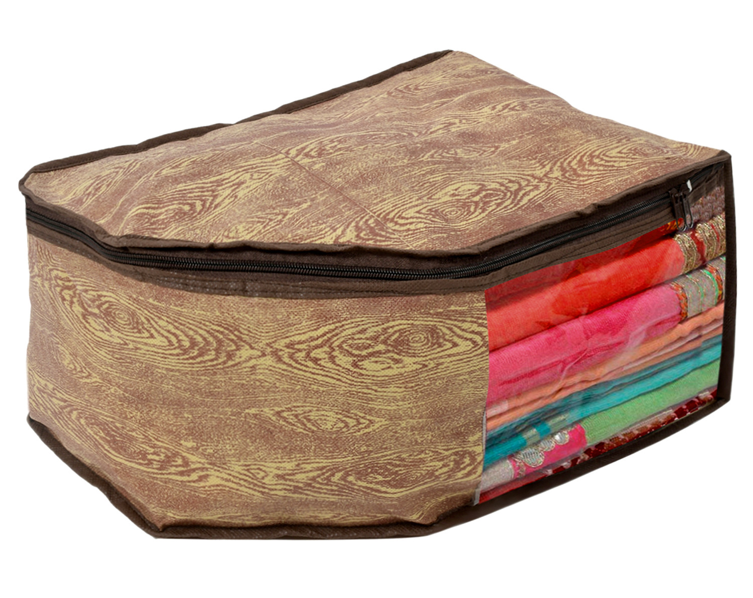 Kuber Industries Wooden Design Non-woven Foldable Saree & Blouse Cover/Clothes Storage Bag/Wardrobe Organizer Set With Transparent Window- (Brown)-44KM0559