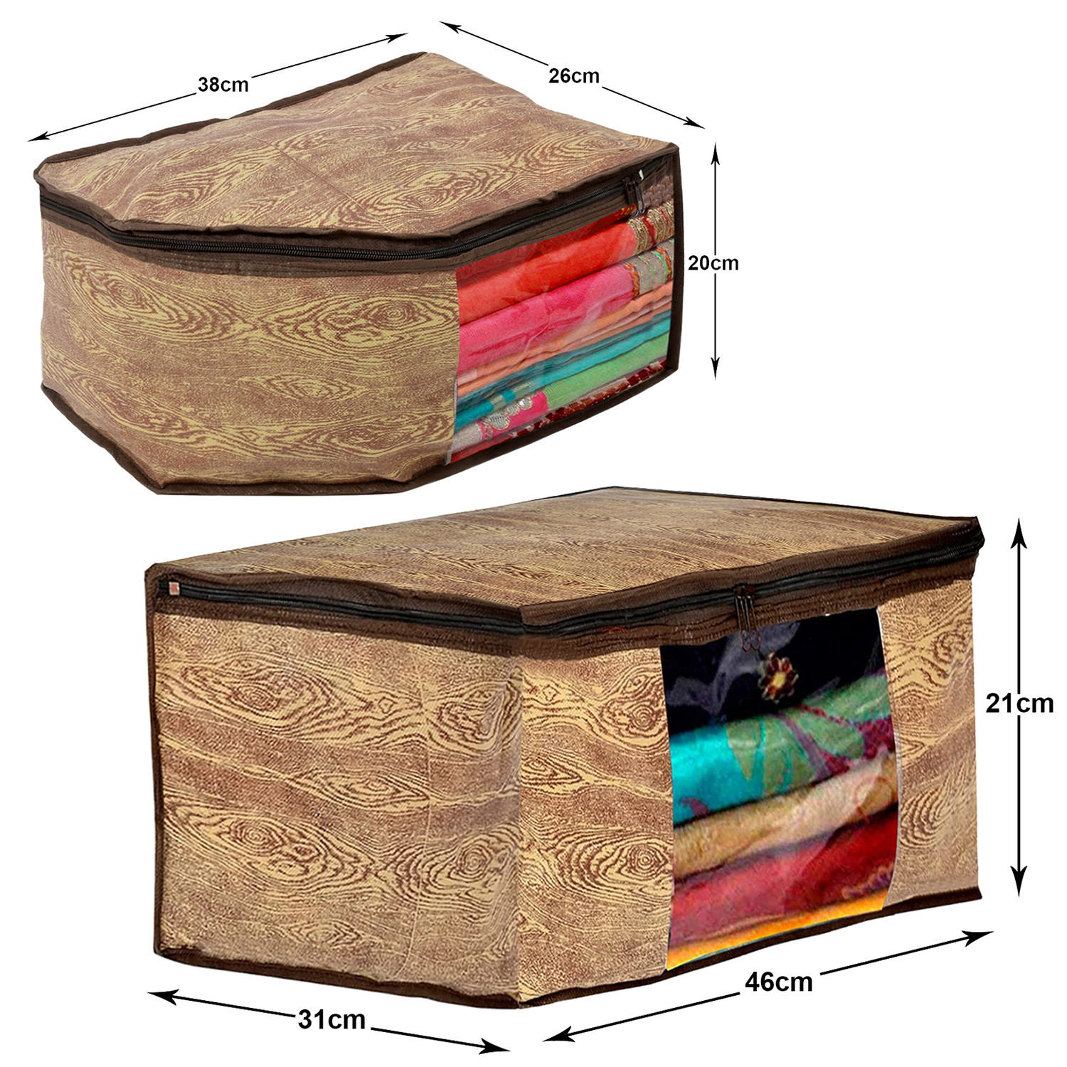 Kuber Industries Wooden Design Non-woven Foldable Saree & Blouse Cover/Clothes Storage Bag/Wardrobe Organizer Set With Transparent Window- (Brown)-44KM0559