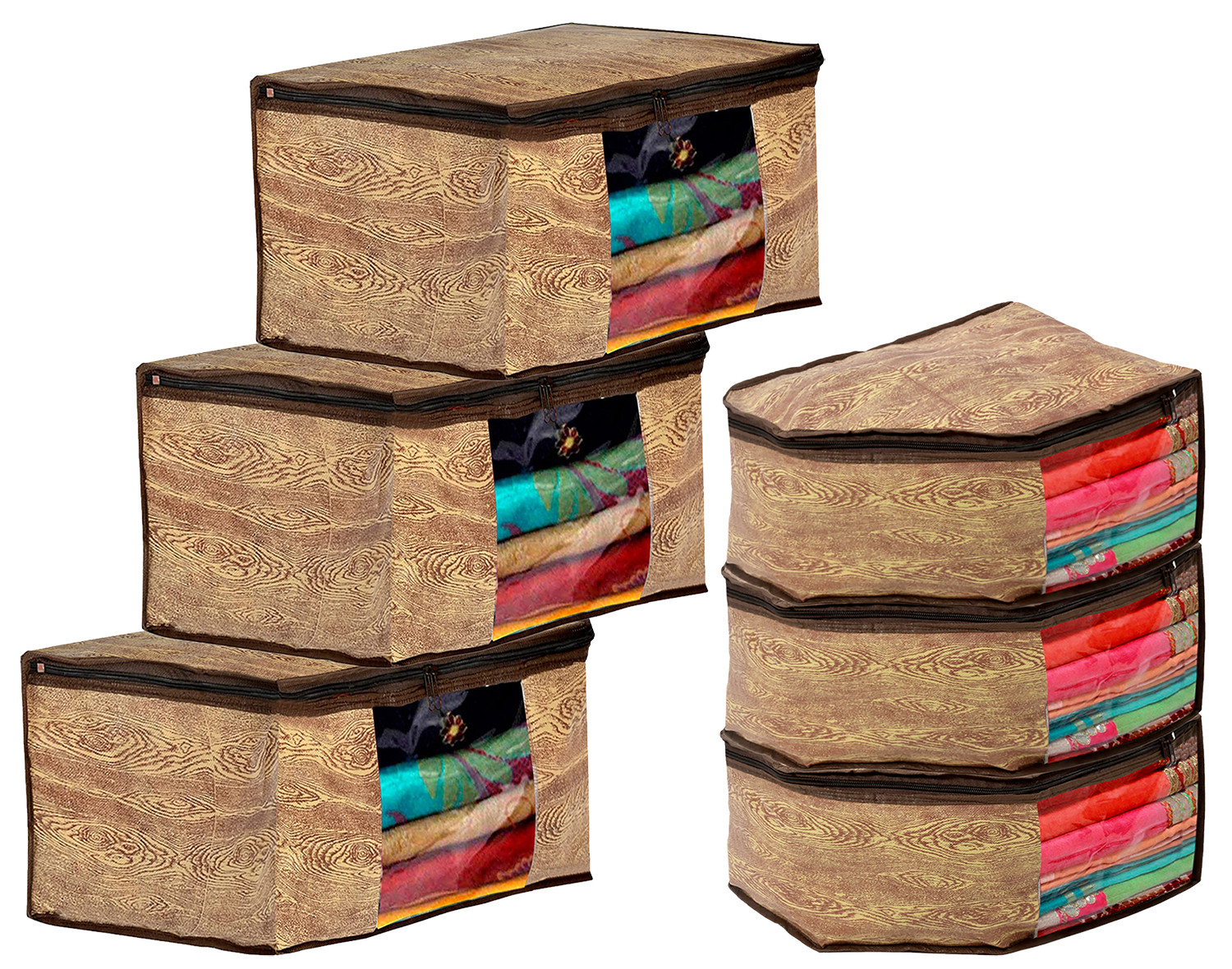 Kuber Industries Wooden Design Non-woven Foldable Saree & Blouse Cover/Clothes Storage Bag/Wardrobe Organizer Set With Transparent Window- (Brown)-44KM0559