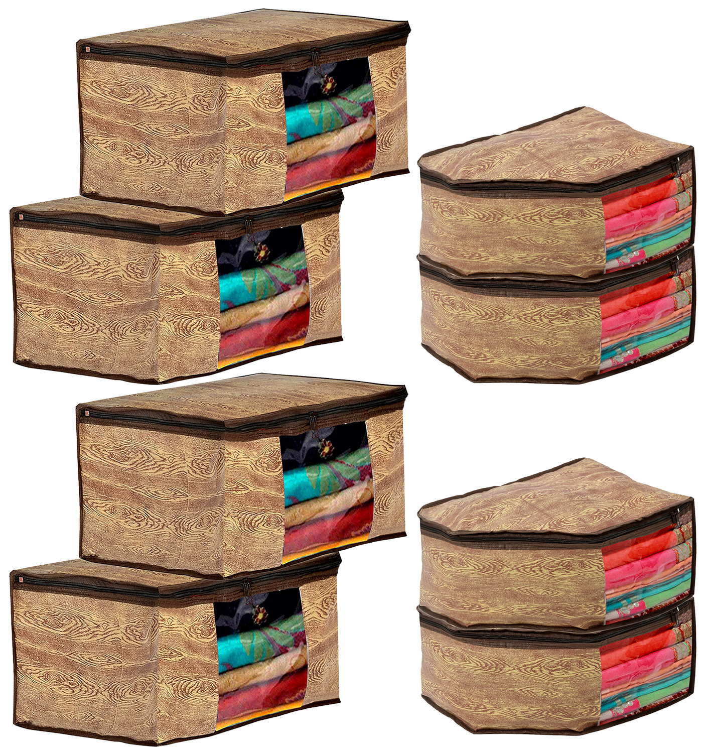 Kuber Industries Wooden Design Non-woven Foldable Saree & Blouse Cover/Clothes Storage Bag/Wardrobe Organizer Set With Transparent Window- (Brown)-44KM0559