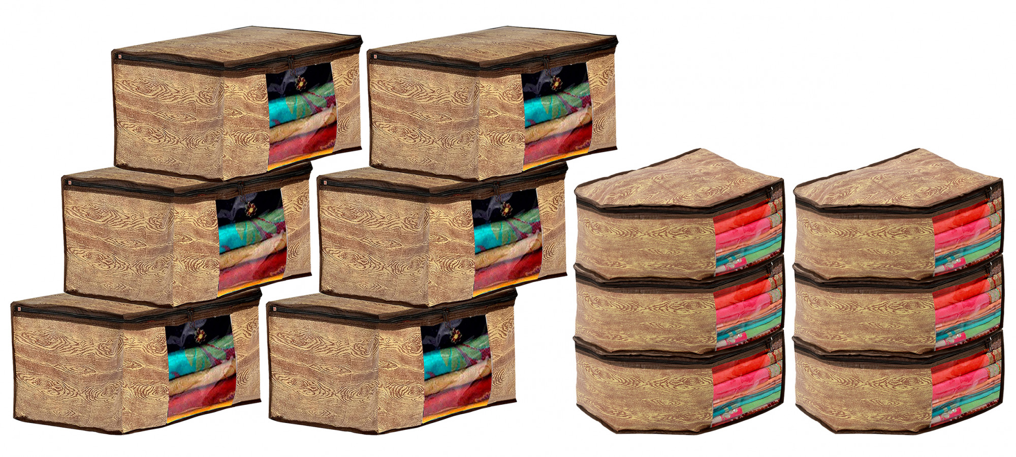 Kuber Industries Wooden Design Non-woven Foldable Saree & Blouse Cover/Clothes Storage Bag/Wardrobe Organizer Set With Transparent Window- (Brown)-44KM0559