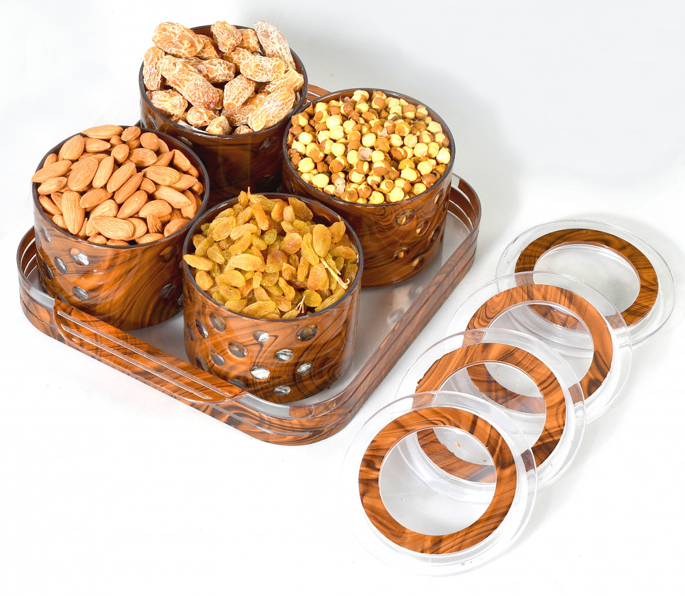 Kuber Industries Wooden Design Plastic Dry Fruits Nuts Snacks Storage Container Set With Serving Tray, Set of 5 (Brown)