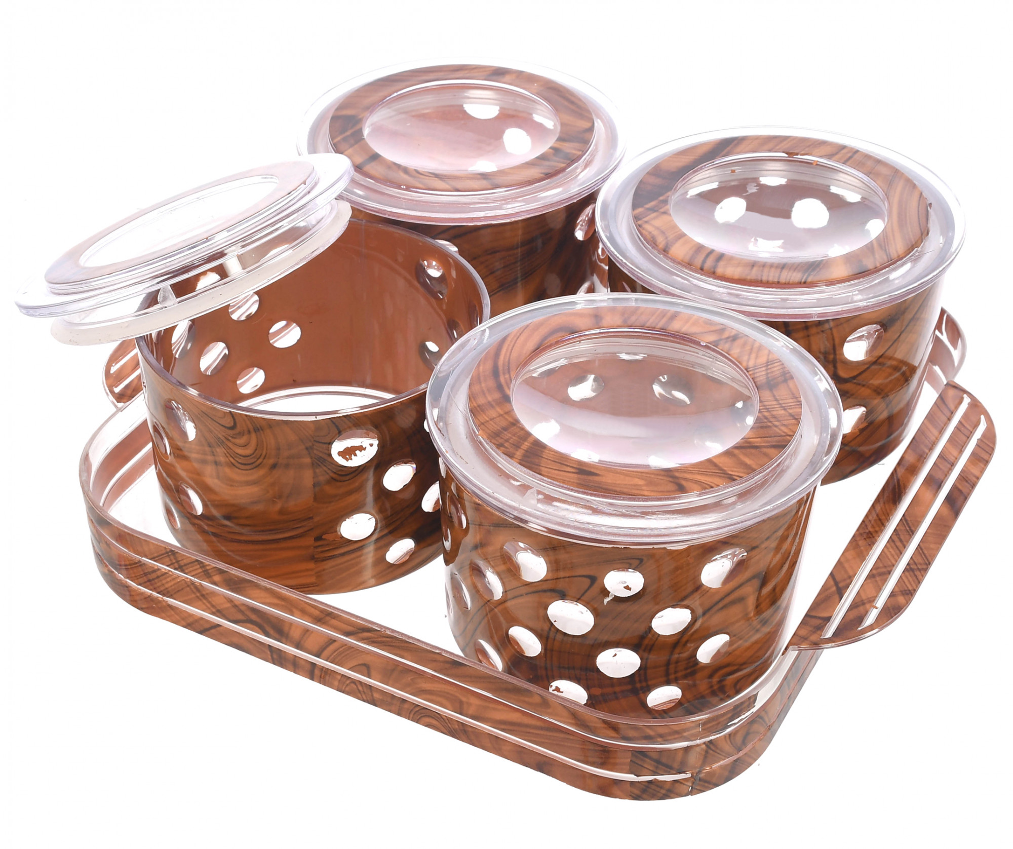 Kuber Industries Wooden Design Plastic Dry Fruits Nuts Snacks Storage Container Set With Serving Tray, Set of 5 (Brown)