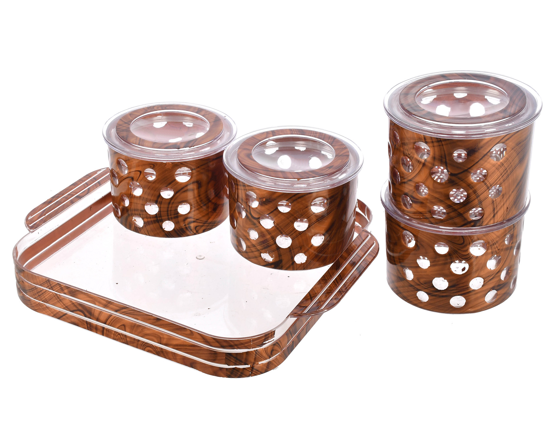 Kuber Industries Wooden Design Plastic Dry Fruits Nuts Snacks Storage Container Set With Serving Tray, Set of 5 (Brown)