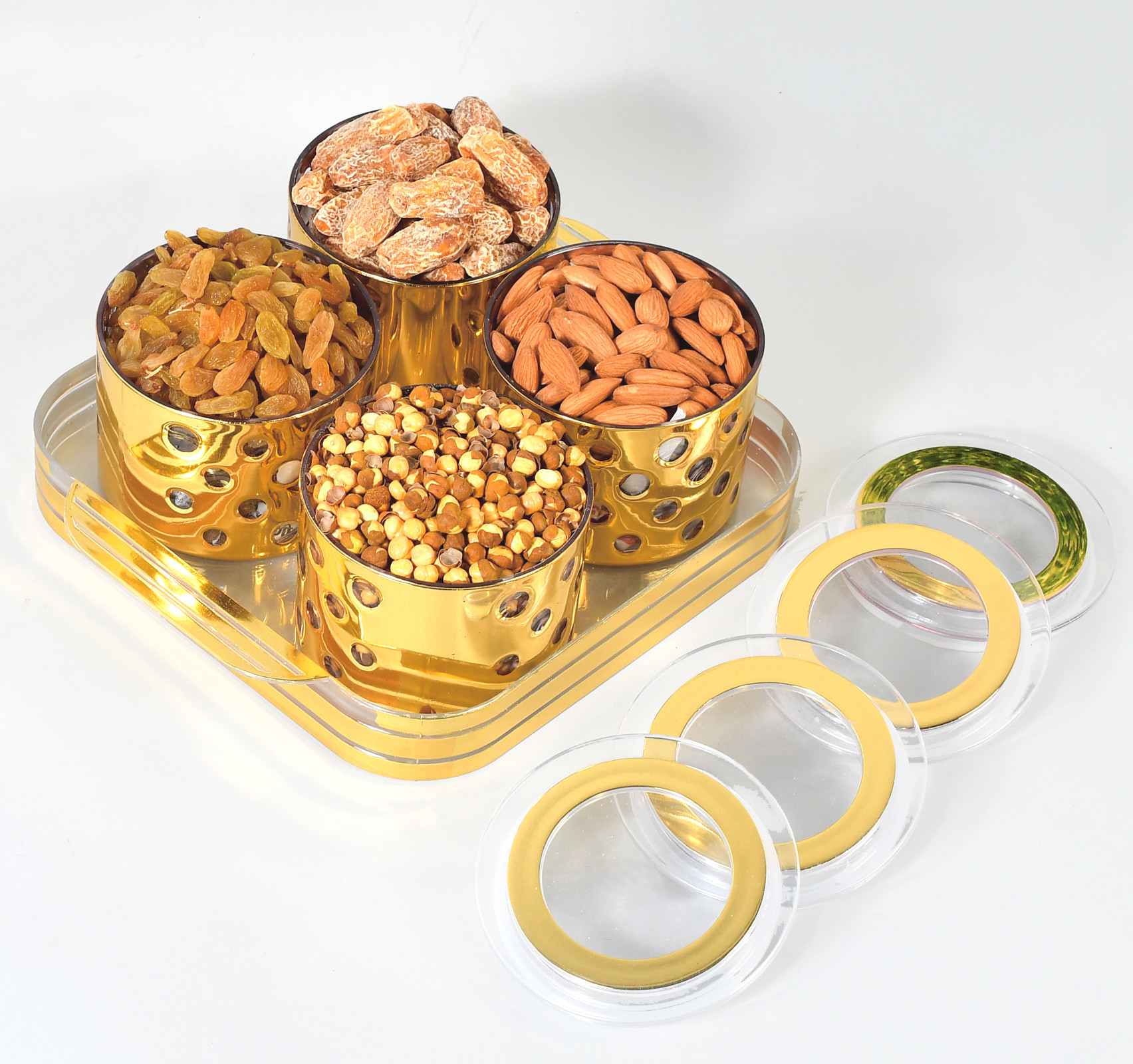 Kuber Industries Wooden Design Plastic Dry Fruits Nuts Snacks Storage Container Set With Serving Tray, Set of 5 (Gold)